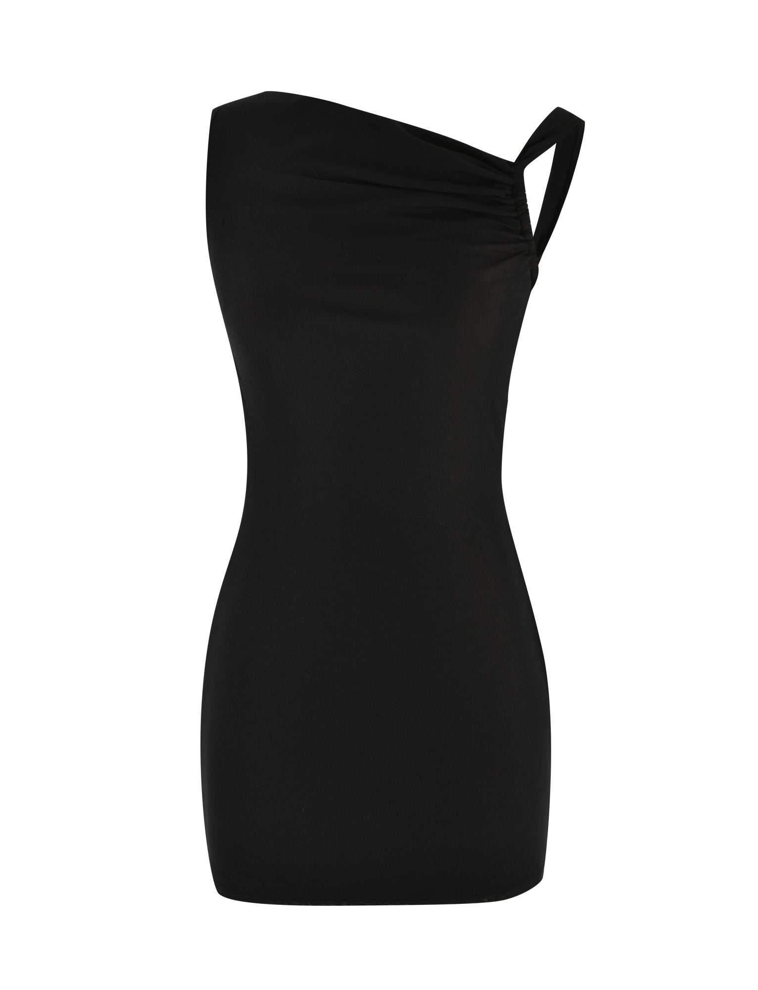 The FREYA DRESS - BLACK by TIGERMIST is a fitted, one-shouldered mini dress with a right-side strap, showcasing a smooth, minimalist design in buttery soft fabric.
