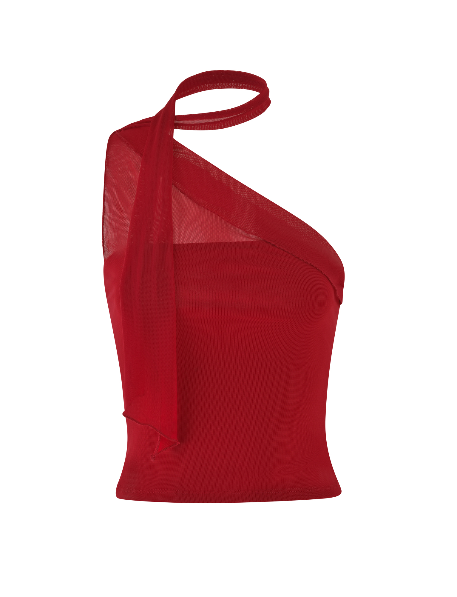 The FIONA TOP - RED by TIGERMIST is a sleeveless top with a sheer asymmetrical neckline, single shoulder strap, and draped see-through fabric detail.
