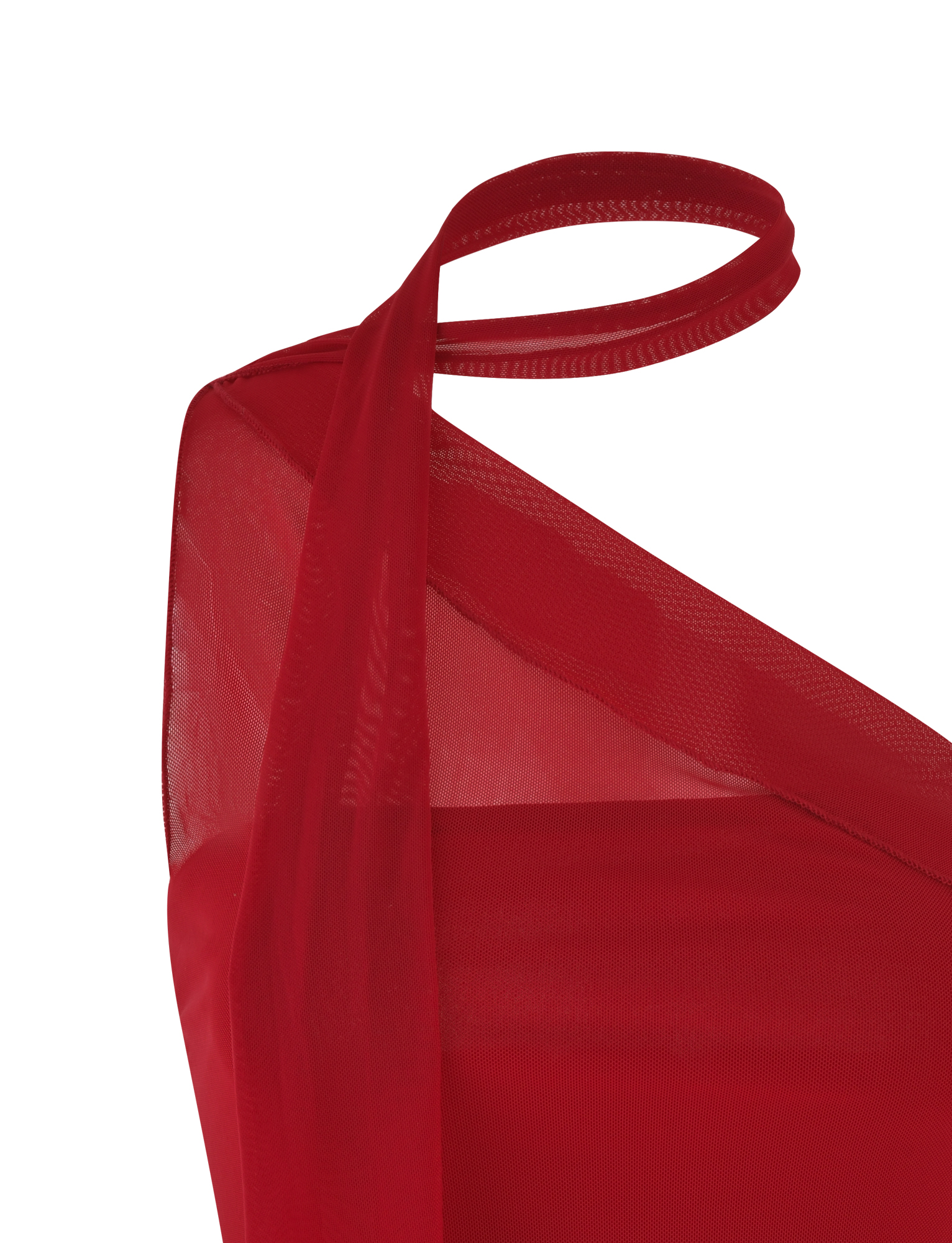 Close-up of the TIGERMIST FIONA TOP in red, featuring sheer mesh fabric, a single thin strap, and one-shoulder design against a white background.