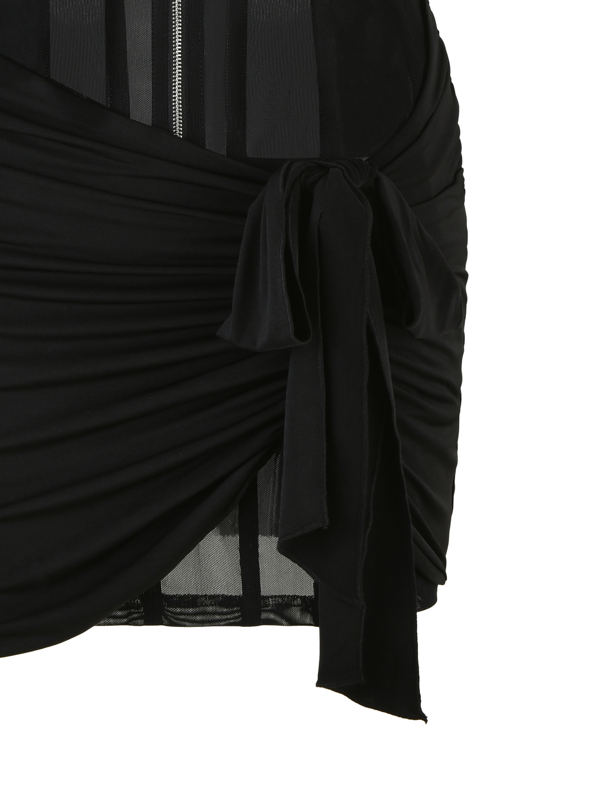 Close-up of the TIGERMIST CATERINA MINI DRESS in black, featuring ruched mesh, a large front fabric bow, vertical sheer panels, and stretch fabric with a slinky jersey lining.