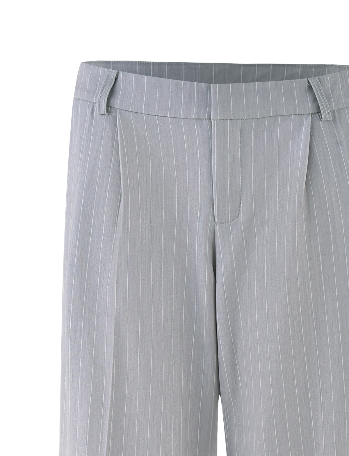 Close-up of TIGERMIST AMBERLY SUIT PANT in grey pinstripe, featuring tailored fit, white vertical stripes, belt loops, and a front zipper.
