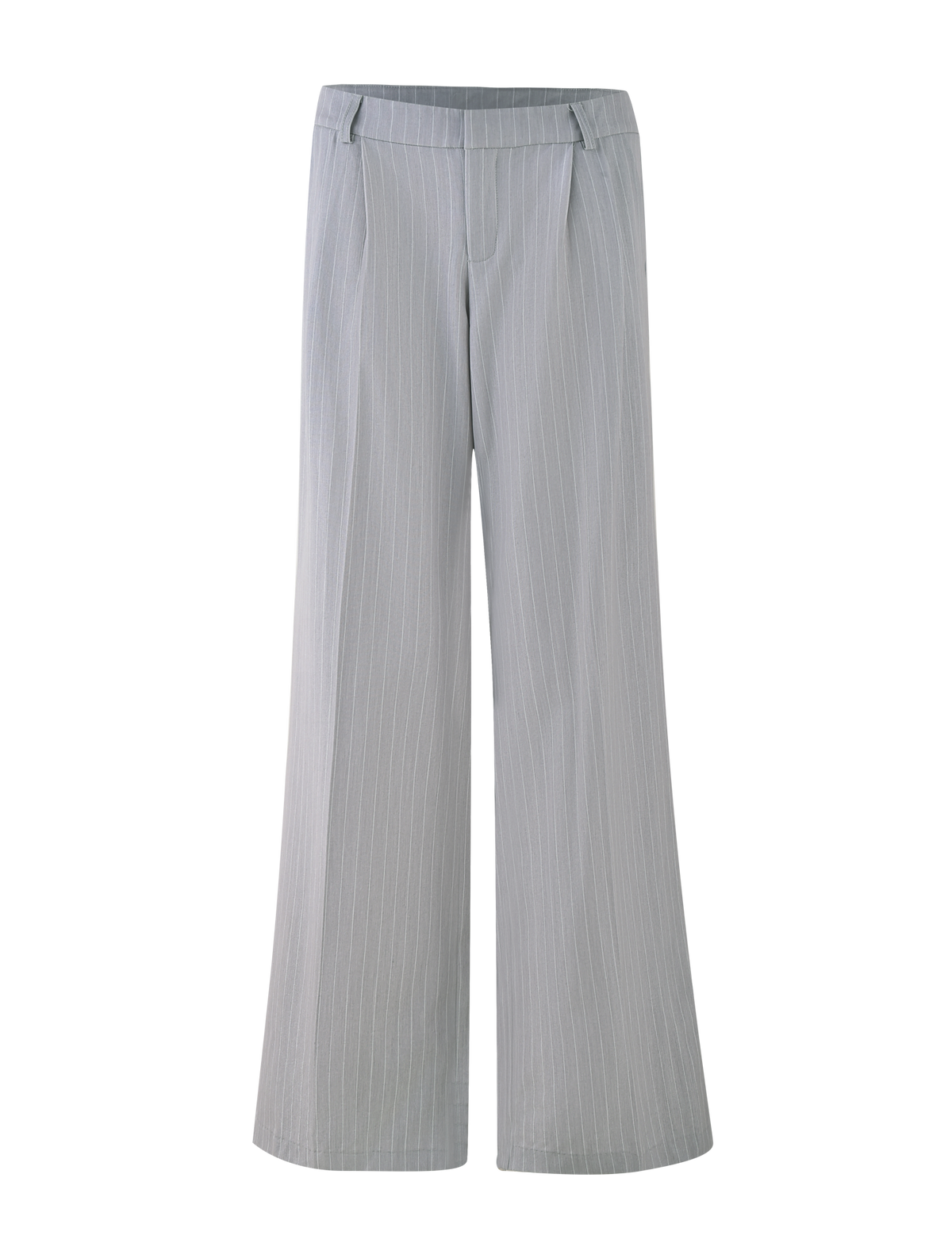The TIGERMIST AMBERLY SUIT PANT in grey pinstripe features a high waist, wide-leg silhouette, belt loops, tailored fit, and premium suiting fabric, shown laid flat on a neutral background.