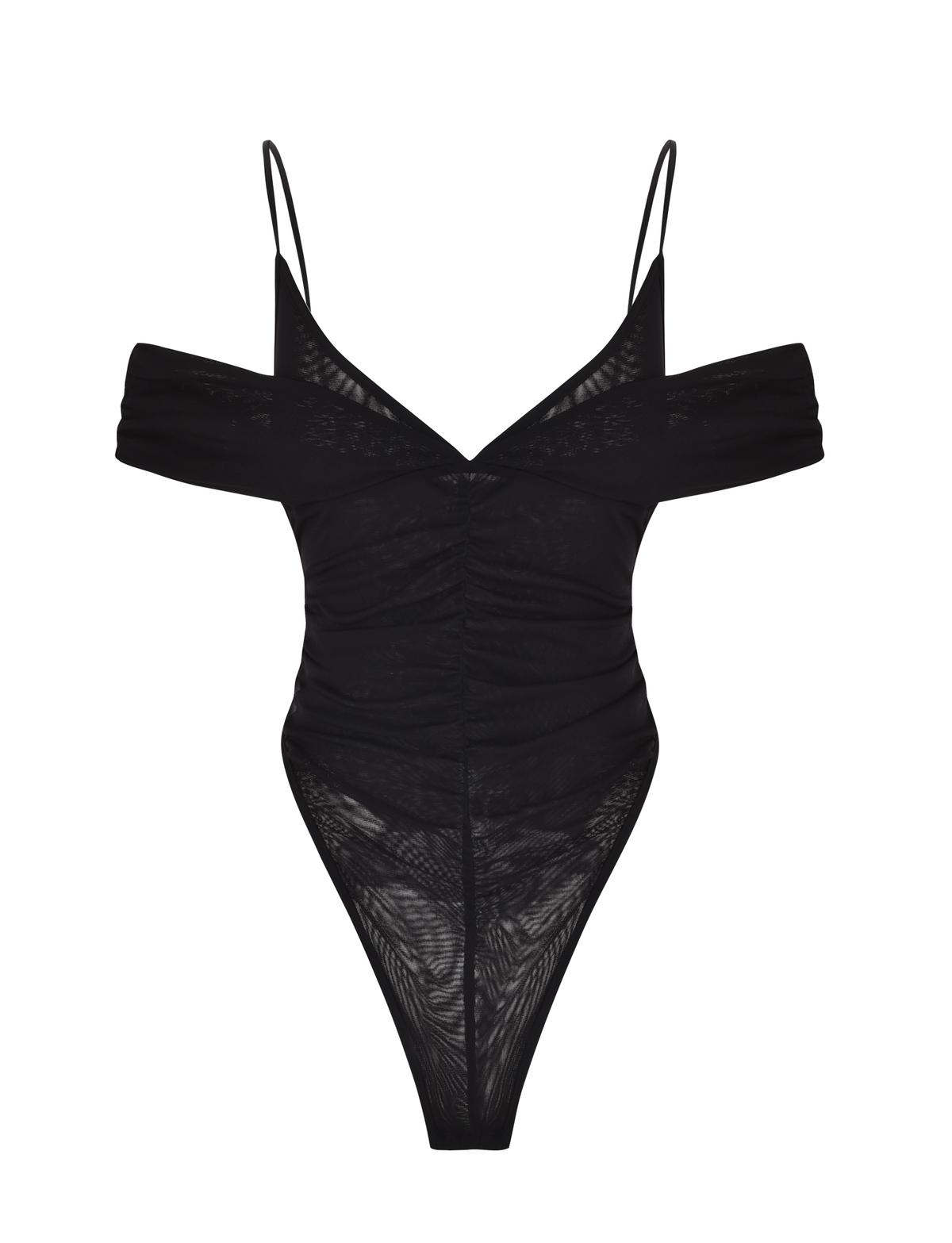 The DRAYA BODYSUIT by TIGERMIST is a black mesh, semi-sheer bodysuit with off-shoulder sleeves, thin spaghetti straps, and a ruched bust, shown against a white background.