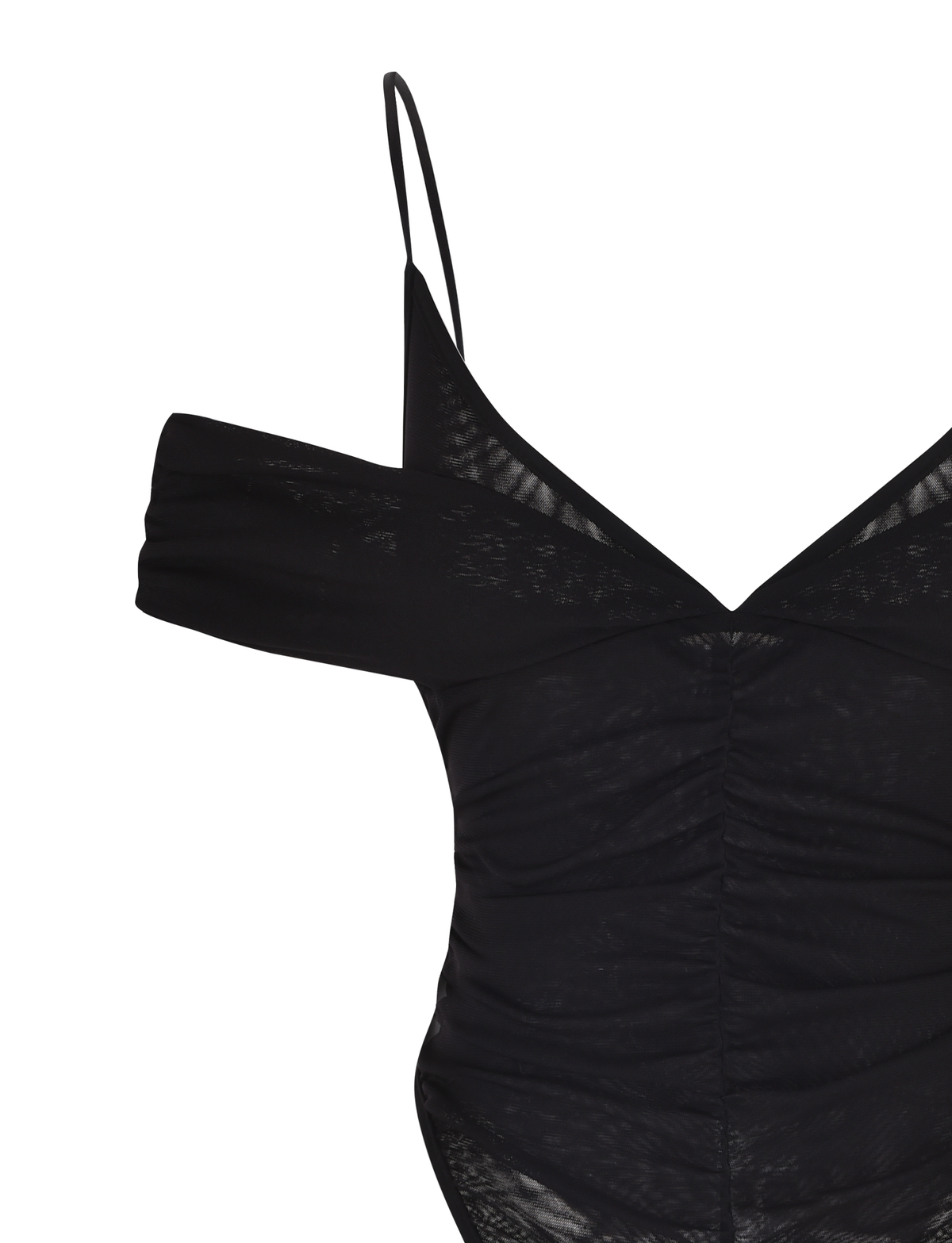 The DRAYA BODYSUIT by TIGERMIST is a black mesh bodysuit with off-shoulder sleeves, thin spaghetti straps, sheer fabric, and a ruched bust.