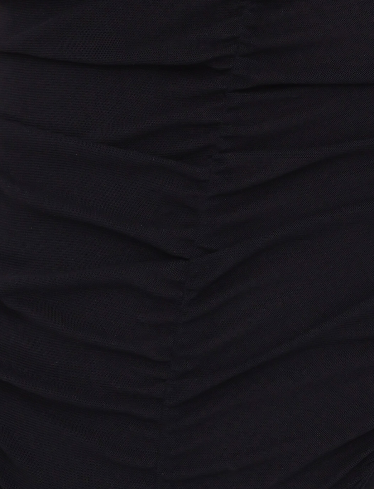 Close-up of the DRAYA BODYSUIT - BLACK by TIGERMIST, featuring black ruched mesh fabric with horizontal gathered folds that highlight its textured, layered bodycon fit.