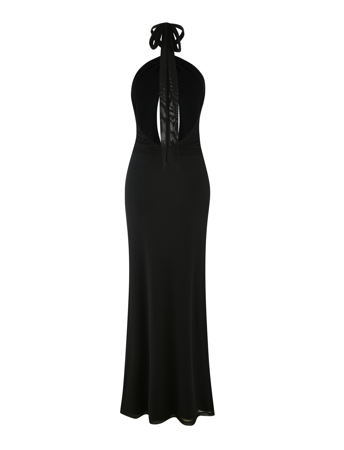 The TIGERMIST ZARA MAXI DRESS in black is a sleeveless halter style with an open back, fitted waist, and floor-length mesh skirt, shown on a white background for an elegant look.