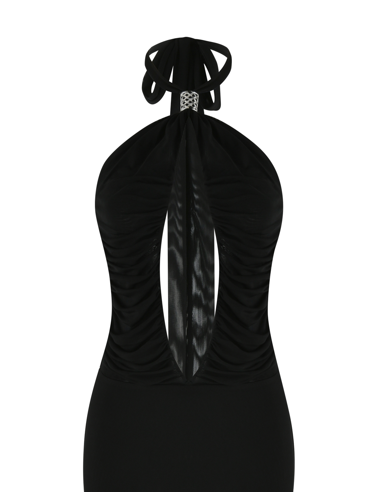 The TIGERMIST ZARA MAXI DRESS in black is a fitted halter-neck mesh dress with a keyhole front cutout, ruched sides, metallic neckline accent, an open back, and elegant neck ties.