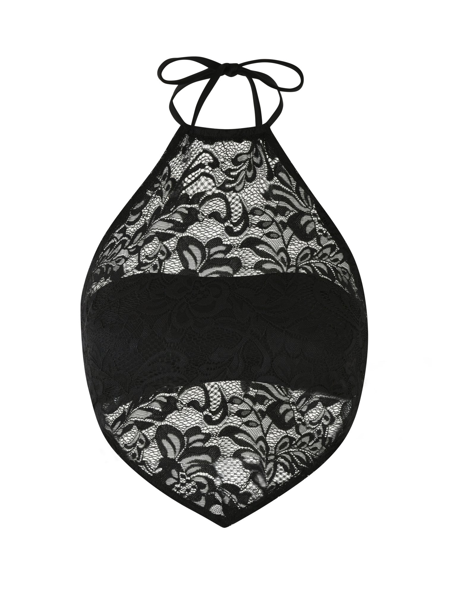 The TIGERMIST SIYA LACE TOP features a black floral lace halter-neck design with a high neckline, sheer panels, and a solid black band, shown against a white background.