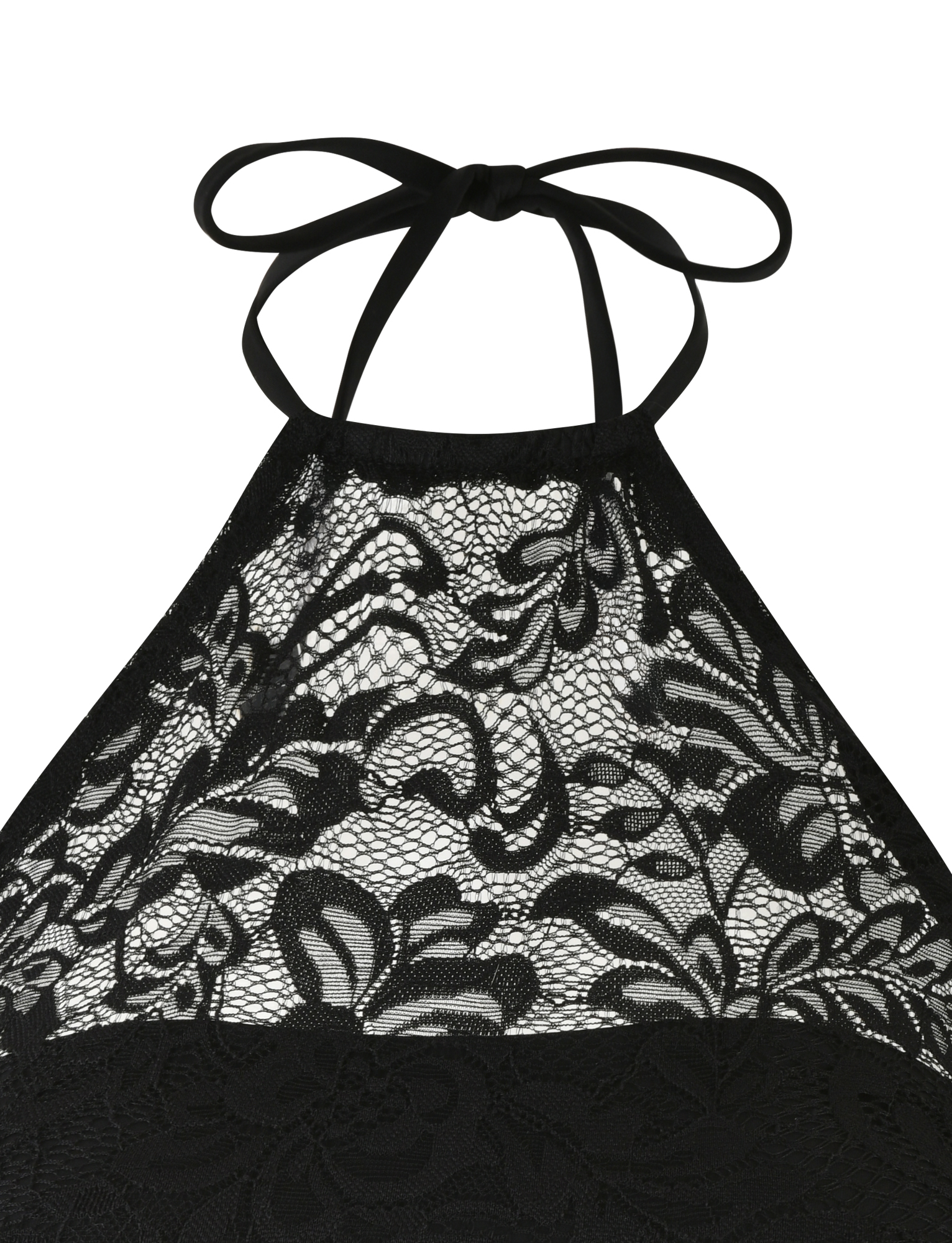 Close-up of the TIGERMIST SIYA LACE TOP in black sheer lace, featuring a floral pattern, high neckline, thin halter neck strap, and intricate lace designs.