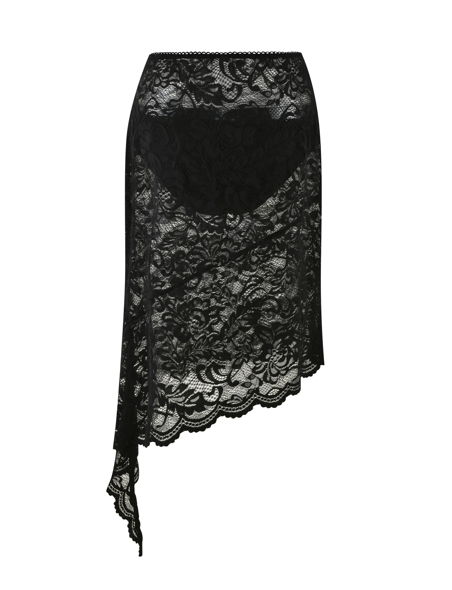 The TIGERMIST SIYA MIDI SKIRT features black lace, an asymmetrical hemline with a longer draped side, floral patterns, and a see-through design.