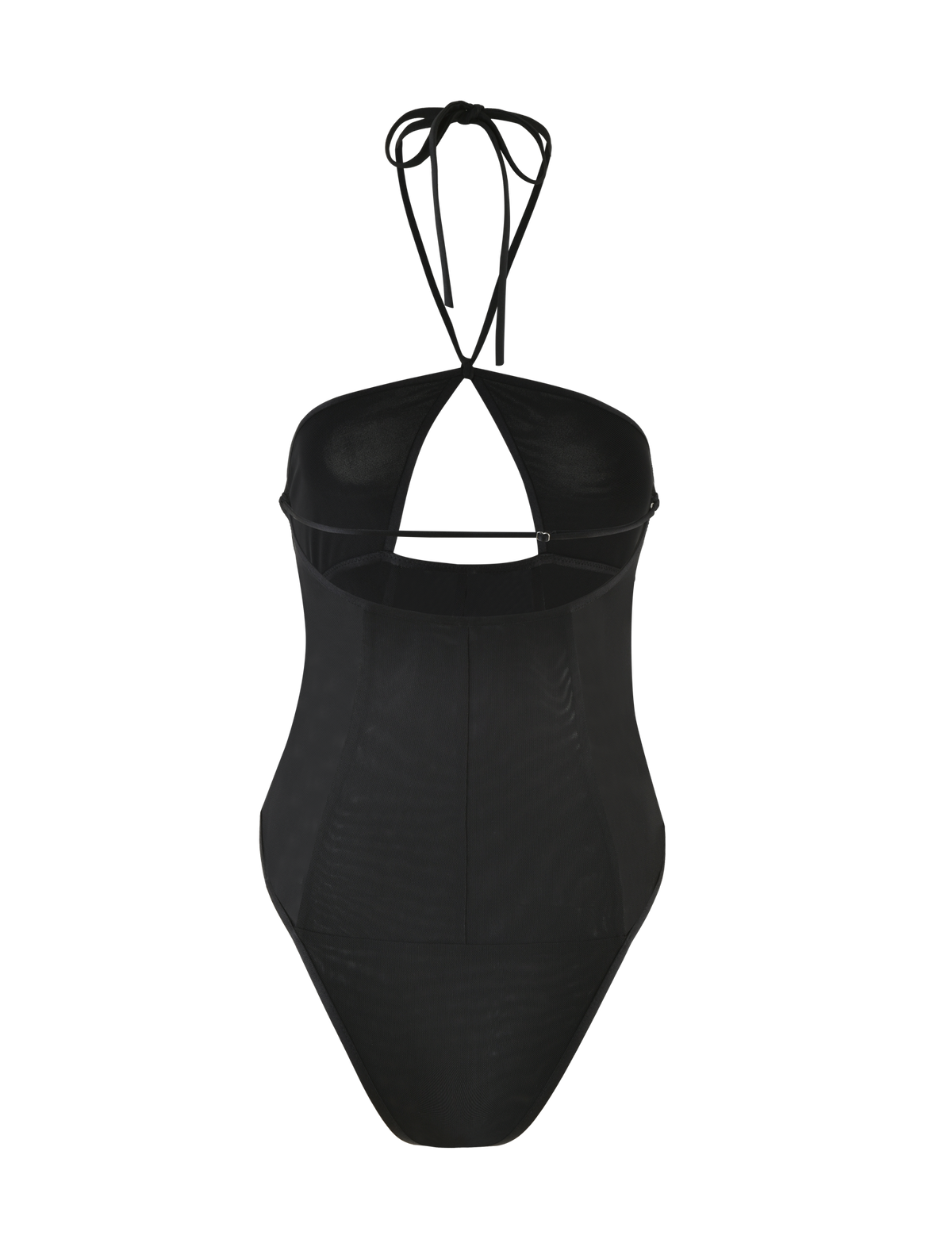 The MELANIA BODYSUIT by TIGERMIST features a black halter neck, high-cut leg, adjustable strap, and high stretch fabric for comfort. Its sleek, minimalistic design is showcased against a neutral background.
