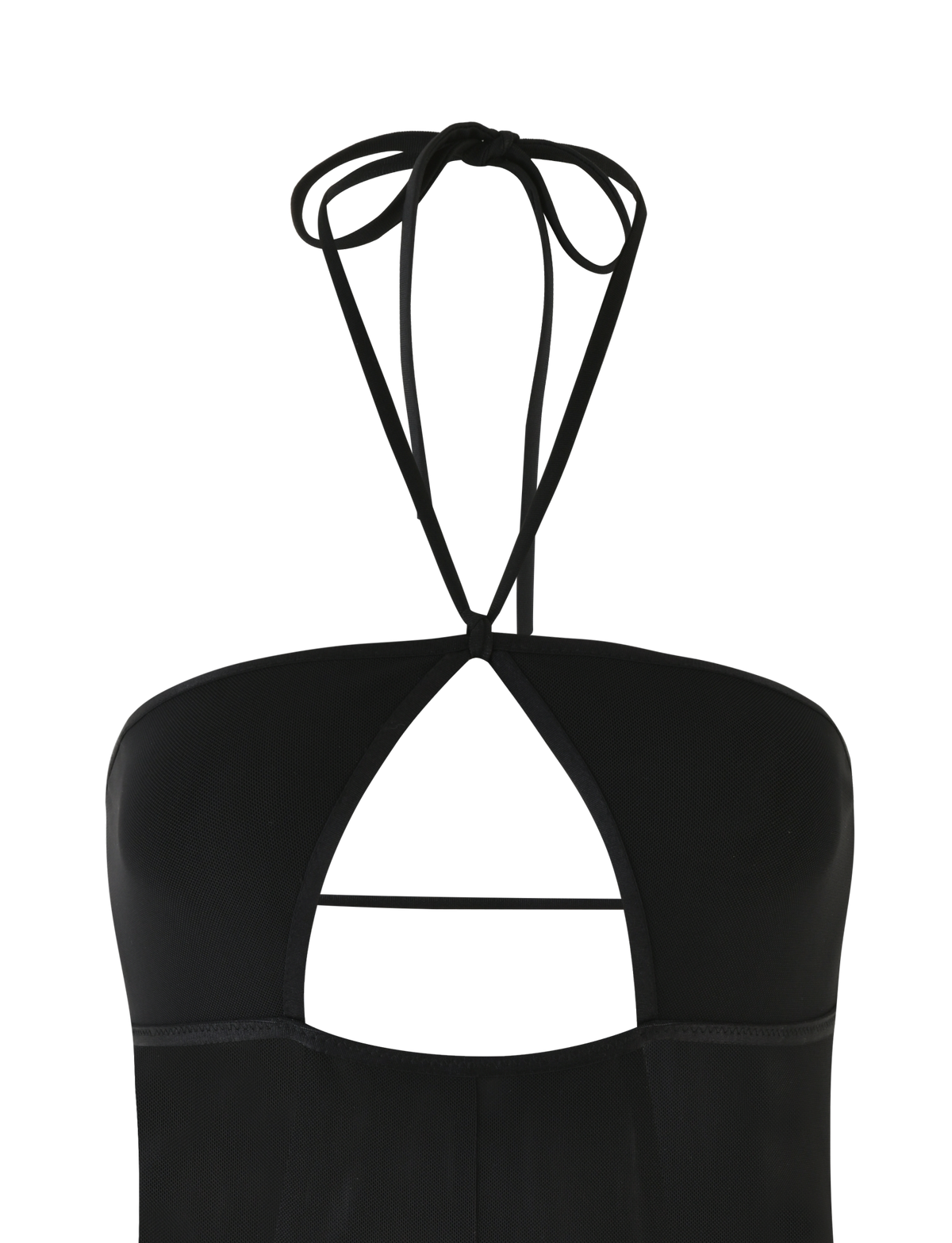 A close-up of the MELANIA BODYSUIT - BLACK by TIGERMIST, a halter neck mesh bodysuit with a tie behind the neck, adjustable strap, and upper back keyhole cut-out design.