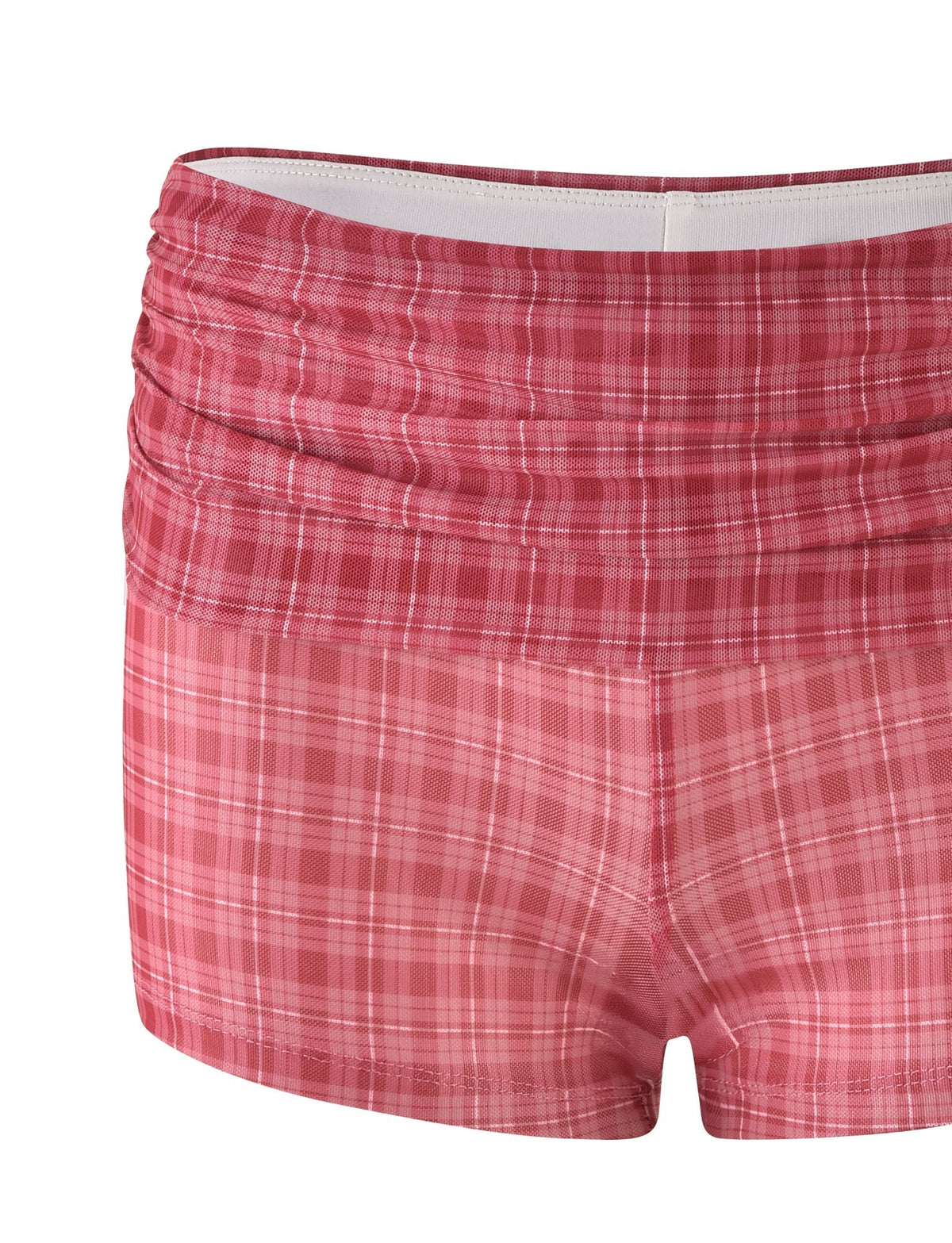 The AMARAN SHORT - RED CHECK by TIGERMIST is a pair of women's high-waisted shorts with a ruched waistband and a flattering bodycon fit, displayed on a plain white background.