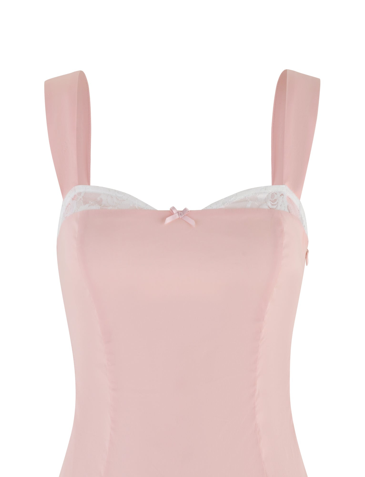 The TIGERMIST COLSON MINI DRESS in baby pink features wide shoulder straps, a lace-trimmed top edge, and a small center bow at the neckline.