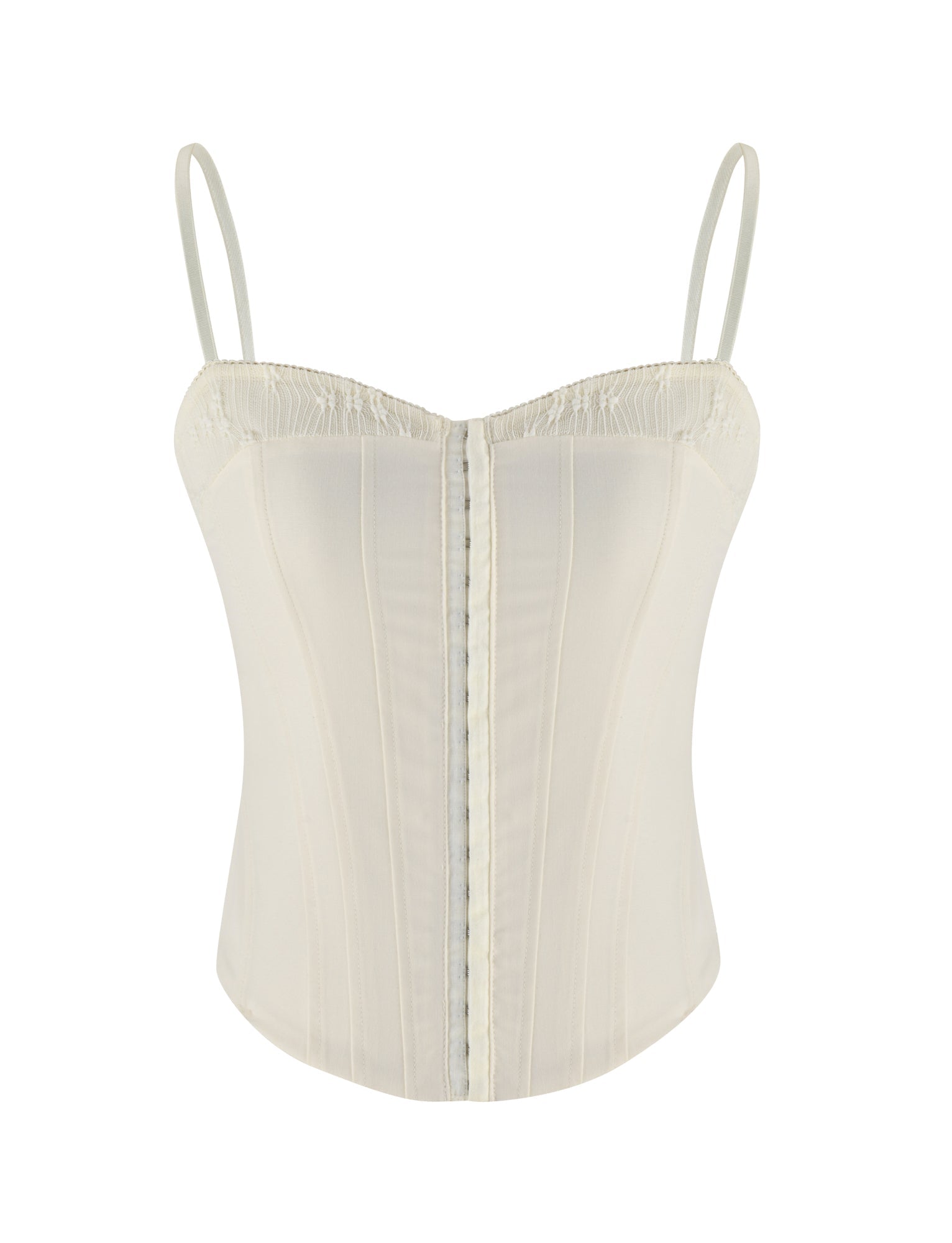 The TIGERMIST ANTONELLA TOP in cream features suiting fabric, slim spaghetti straps, vertical seams, and a lace panel, shown against a white background.