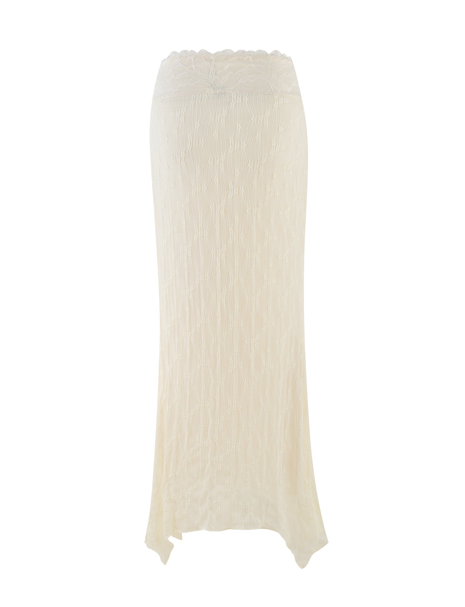 The TIGERMIST ANTONELLA MIDI SKIRT in cream lace features a scalloped waistband, slightly flared hem, and high-stretch fabric, shown here against a white background.