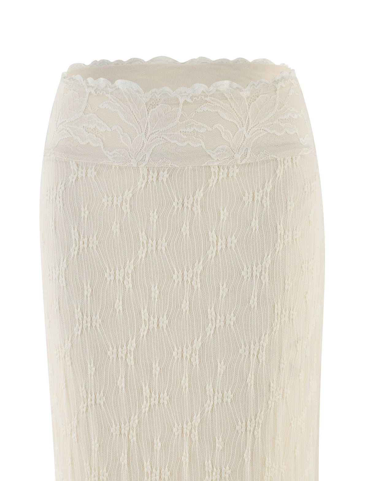 The ANTONELLA MIDI SKIRT by TIGERMIST features cream sheer lace with floral and geometric patterns, a scalloped waistband, high-stretch fabric, and intricate detailing throughout.