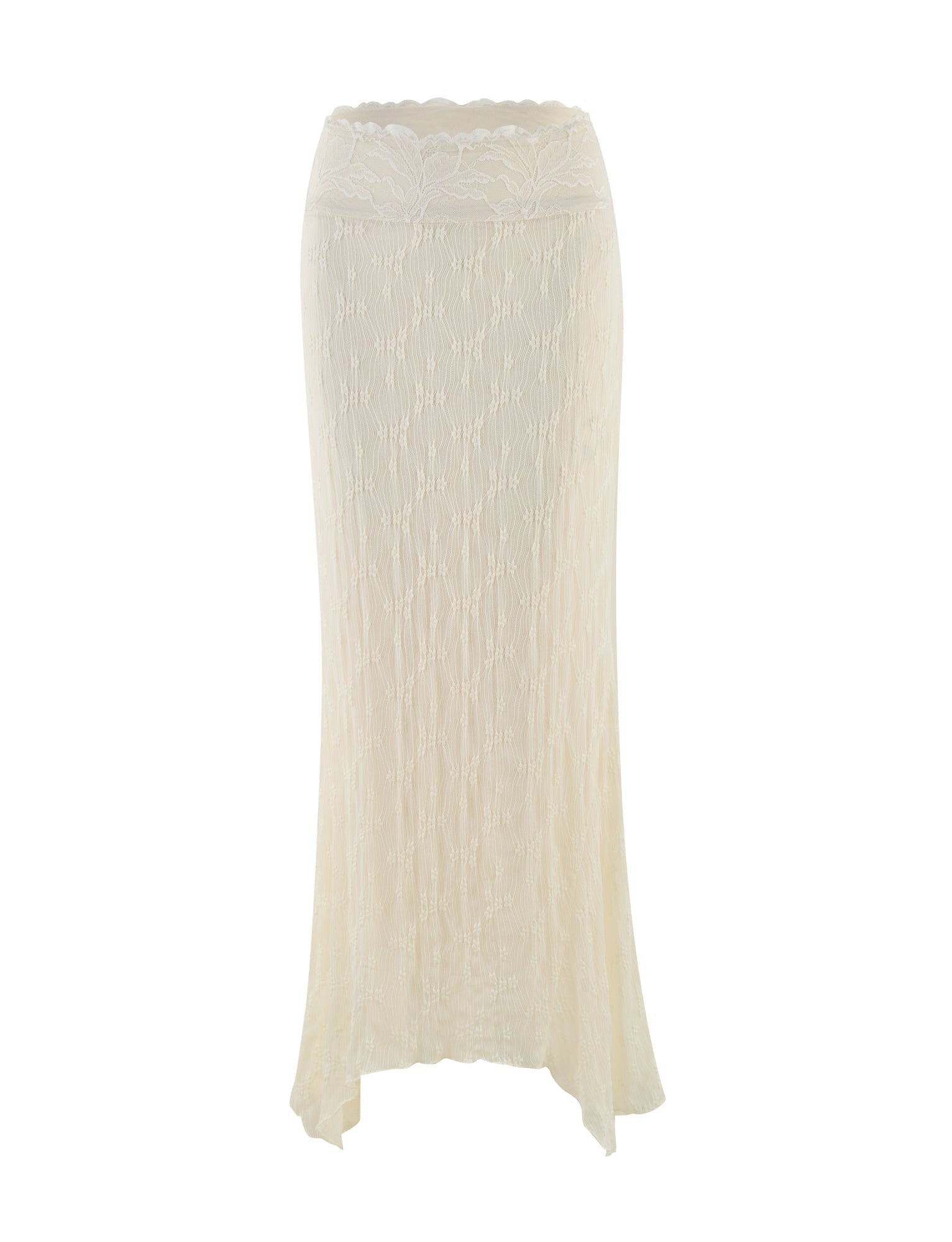 The ANTONELLA MIDI SKIRT by TIGERMIST features cream lace in a midi length with a scalloped waistband and delicate floral pattern, creating timeless elegance for any occasion.