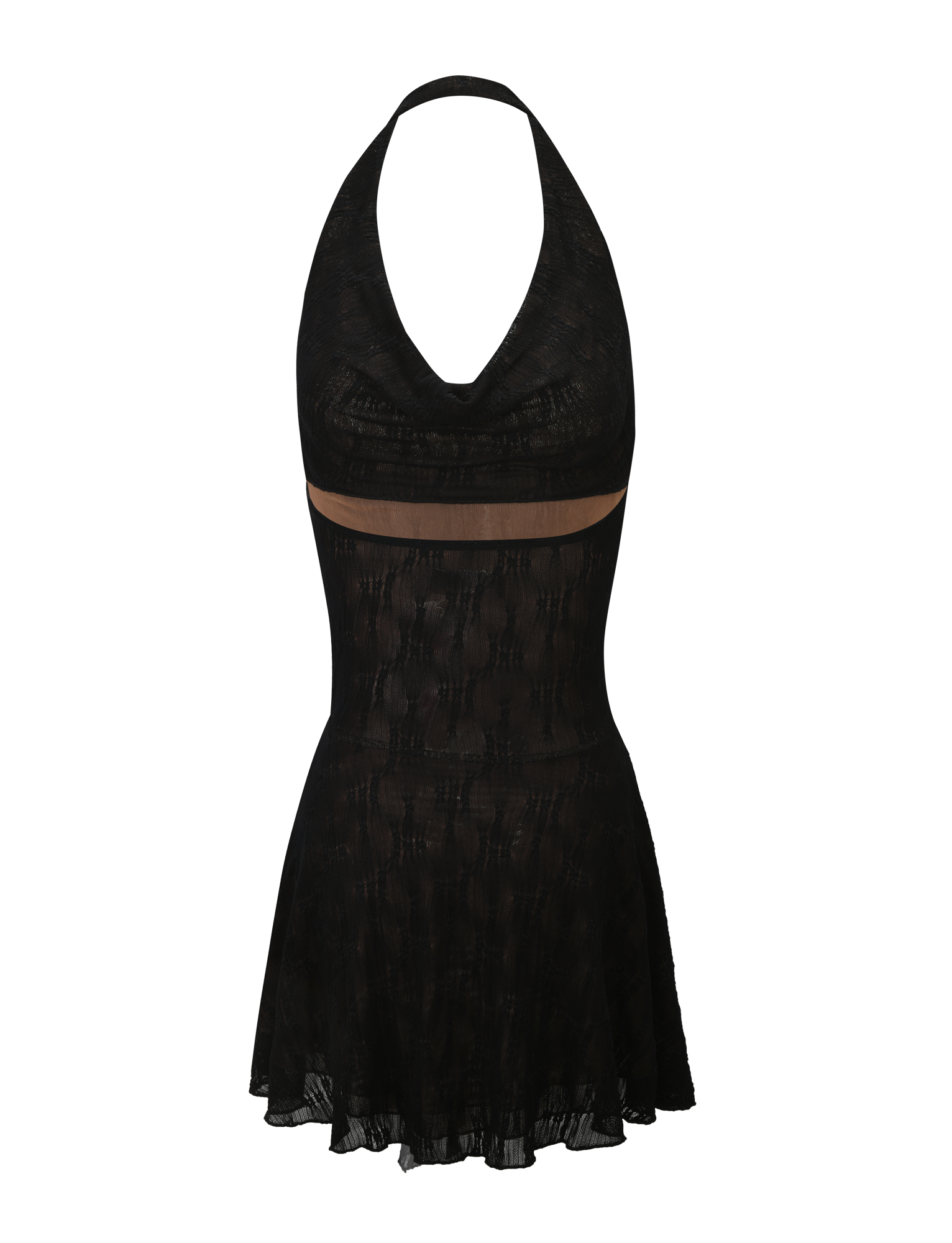 The FIORELLA DRESS by TIGERMIST is a black lace halter mini dress featuring a sheer mesh panel under the bust, fitted bodice, flared ruffled hem, and semi-transparent textured fabric for an elegant fit-and-flare silhouette.