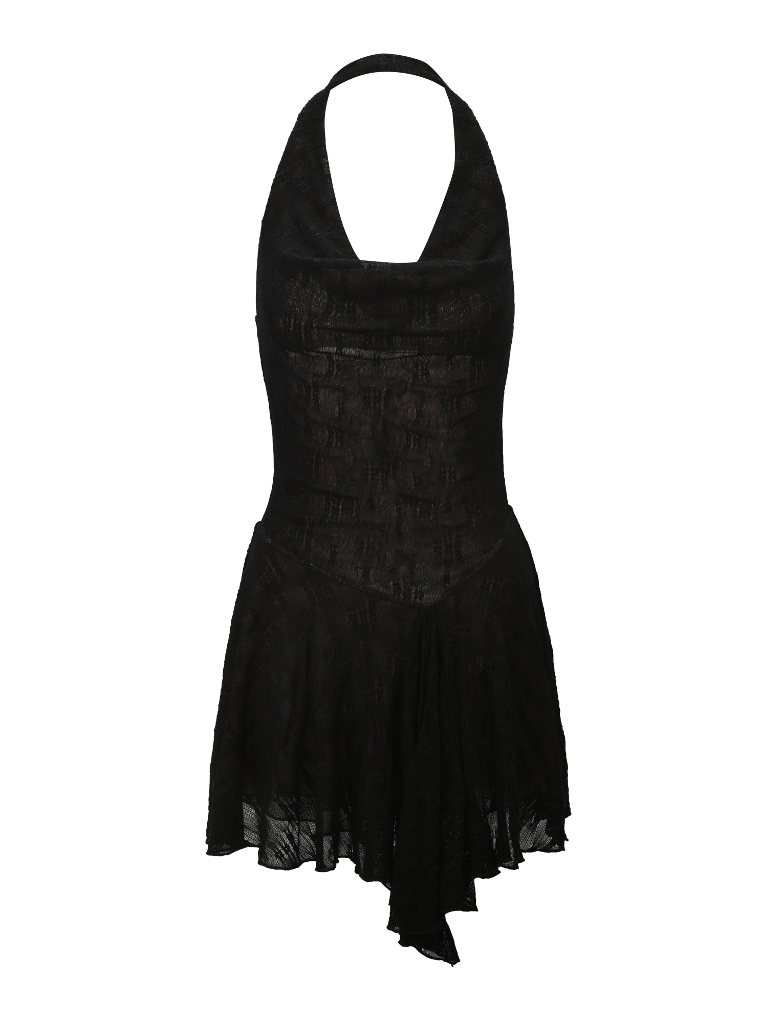 The FIORELLA DRESS by TIGERMIST features black lace, a halter neckline, fitted bodice, and asymmetrical handkerchief hem. Its slightly sheer, textured fabric shapes a unique fit and flare silhouette.
