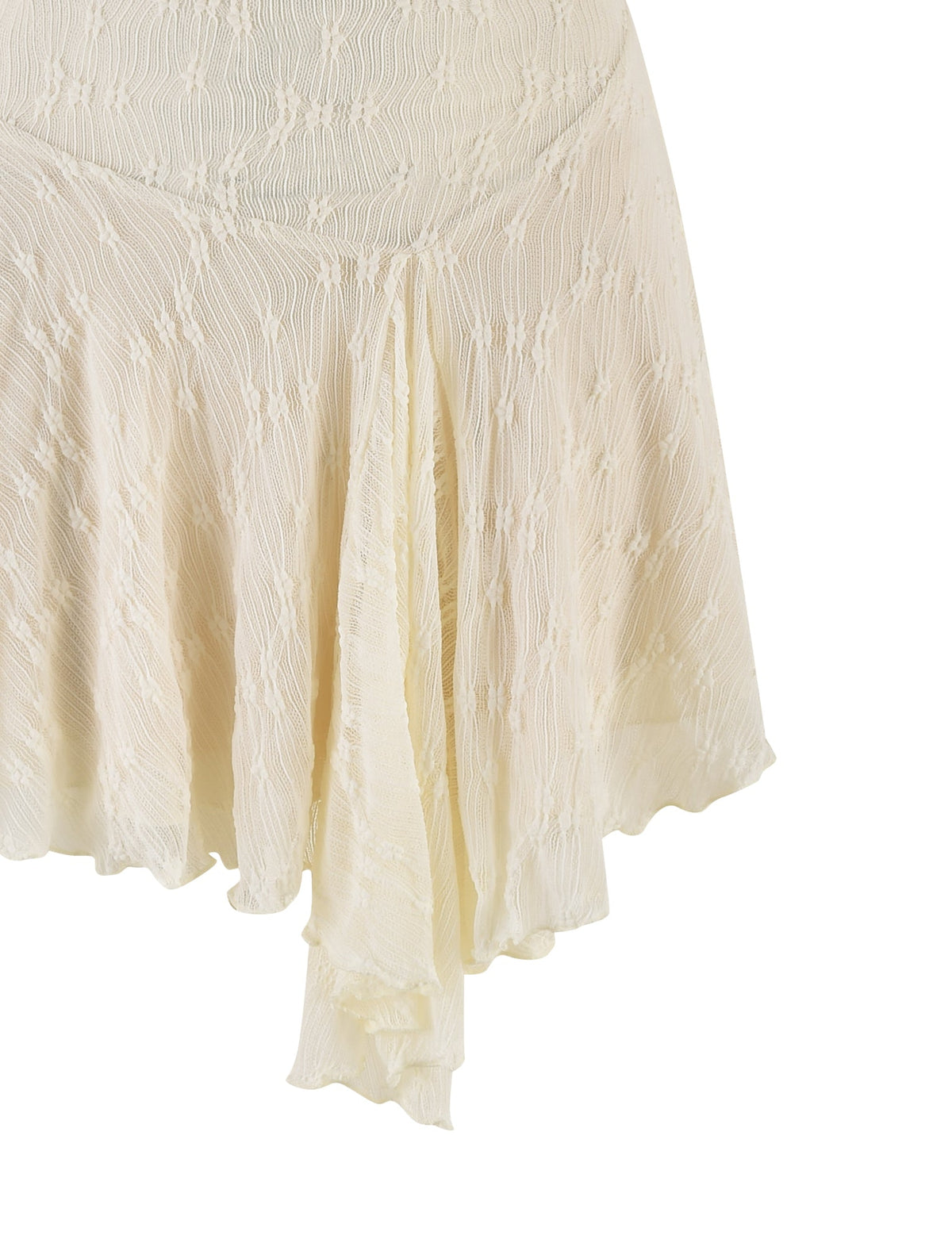 Close-up of the TIGERMIST FIORELLA MINI DRESS in cream lace, featuring a textured fabric, flared hem, delicate lace details, and a lightweight, semi-sheer look.