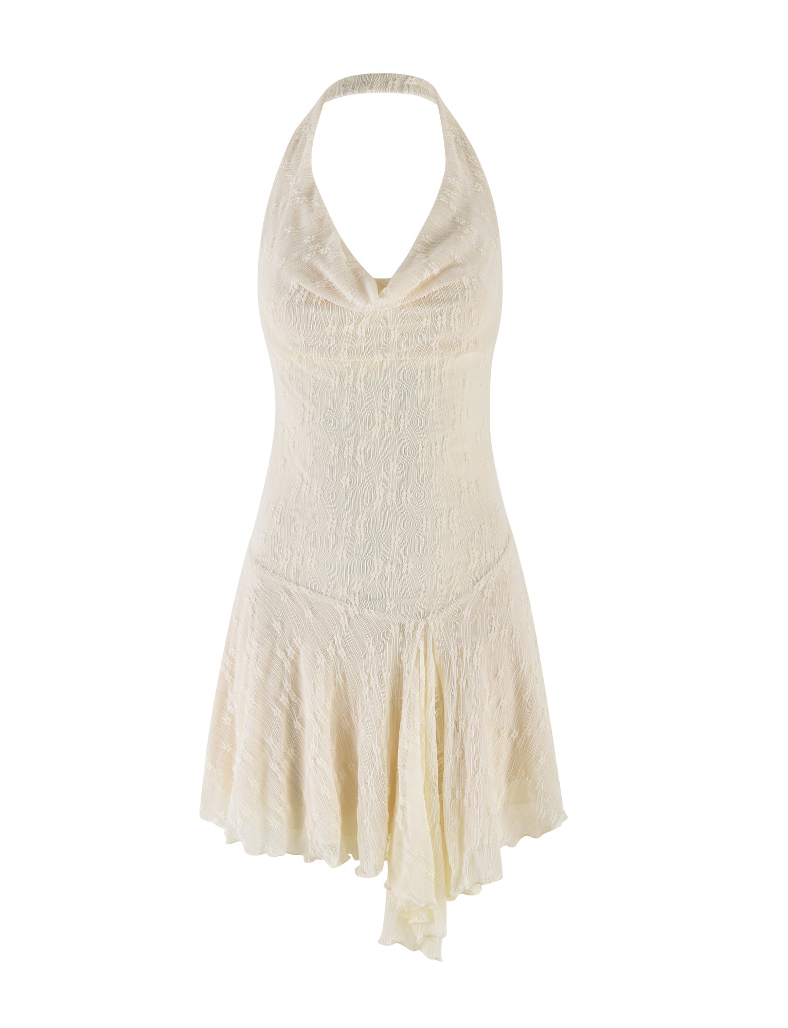 The TIGERMIST FIORELLA MINI DRESS features a cream lace design with a sleeveless halter neck, cowl neckline, and asymmetrical hemline. Its lightweight, textured fabric offers a flowy and elegant look in white.