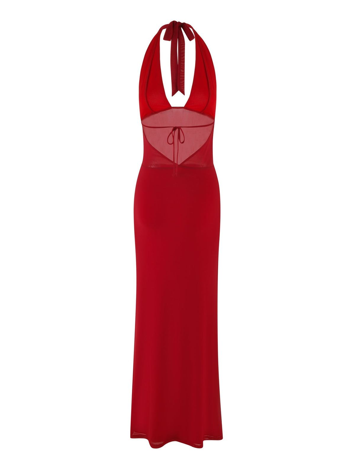 The BRESILY MAXI DRESS - RED by TIGERMIST features a halter-neck, deep neckline, sheer midsection, front tie, embroidery details, and a long fitted silhouette in high stretch fabric.