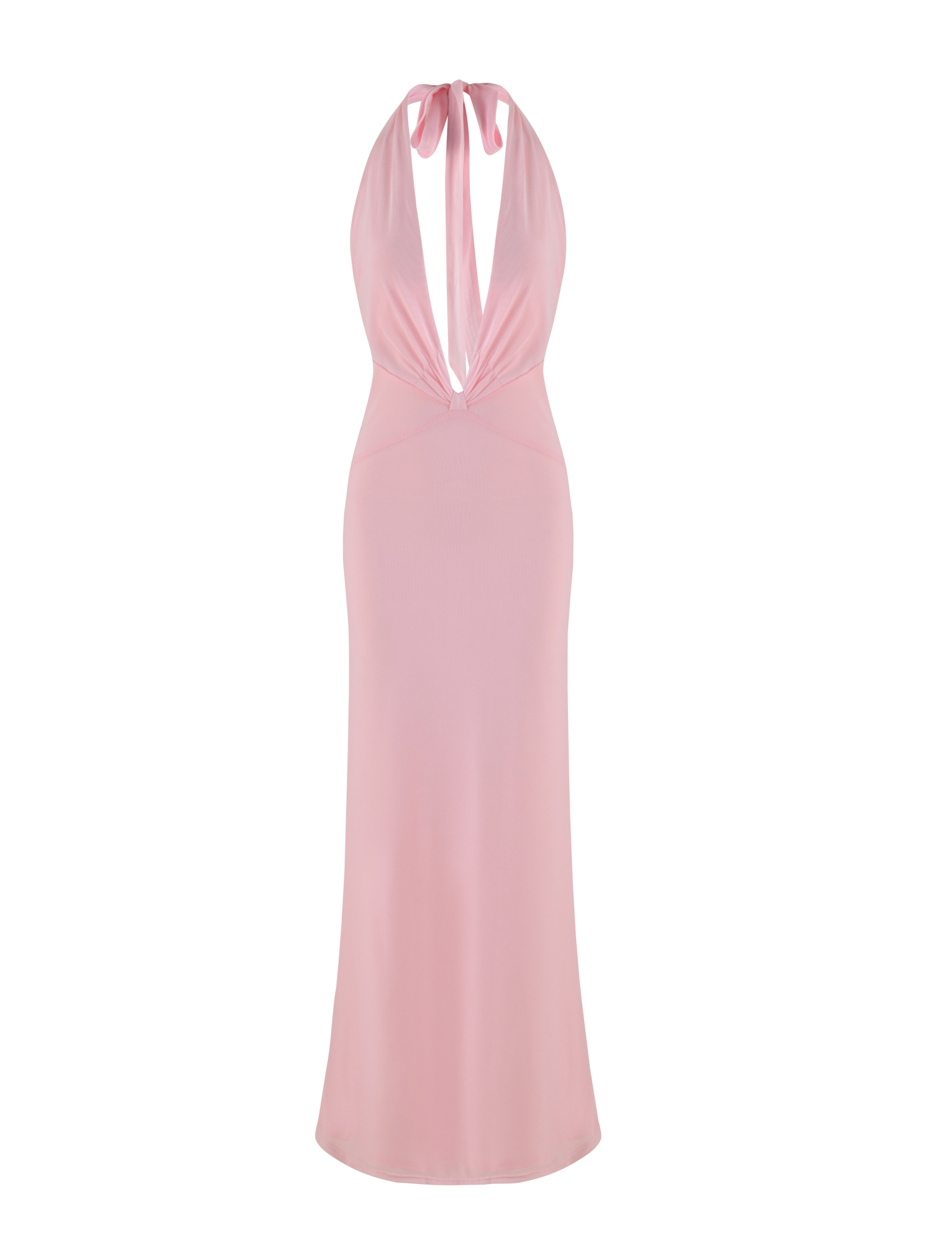 The CRESSIDA MAXI DRESS by TIGERMIST features a sleeveless halter neck, plunging neckline, and fitted silhouette in elegant baby pink for a sophisticated look.