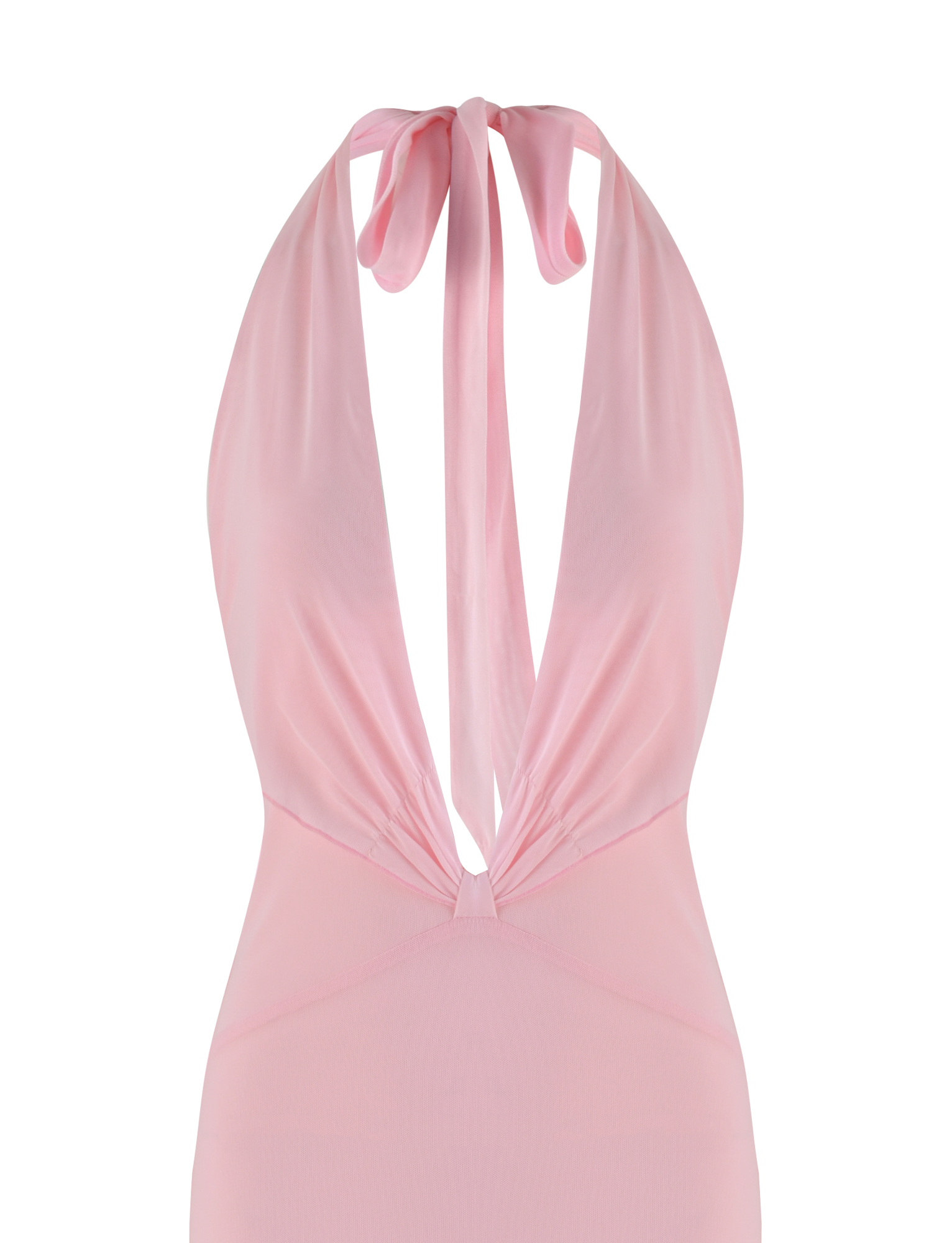 The CRESSIDA MAXI DRESS - PINK by TIGERMIST is a light pink halter neck dress featuring a deep V neckline, back neck tie, and made from soft, sheer high stretch fabric.