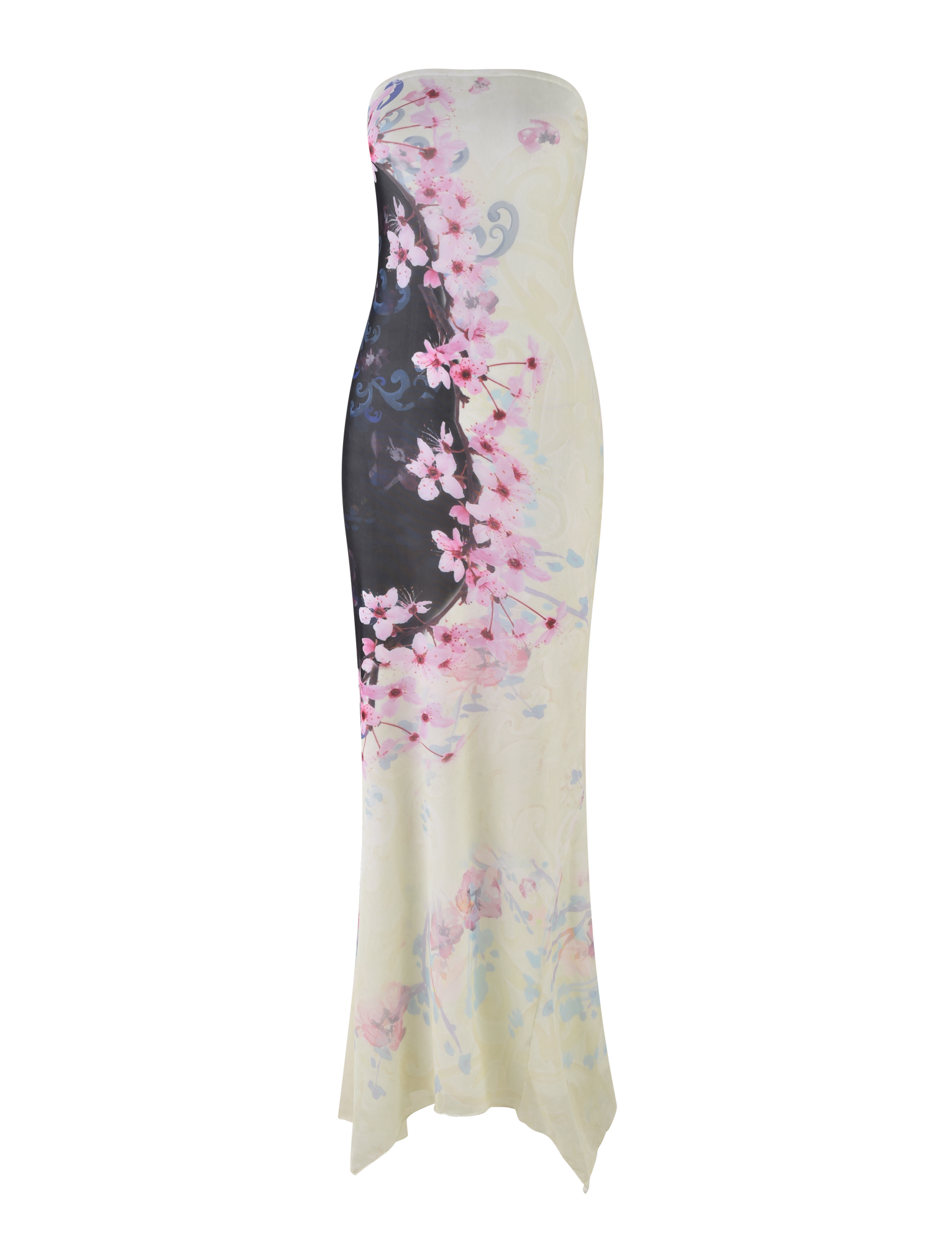 The LILLIAN MAXI DRESS by TIGERMIST features a strapless, fitted mesh silhouette in a soft cream base with pink cherry blossom floral print, accented with blue and black. Crafted from high-stretch fabric for comfort and elegance.