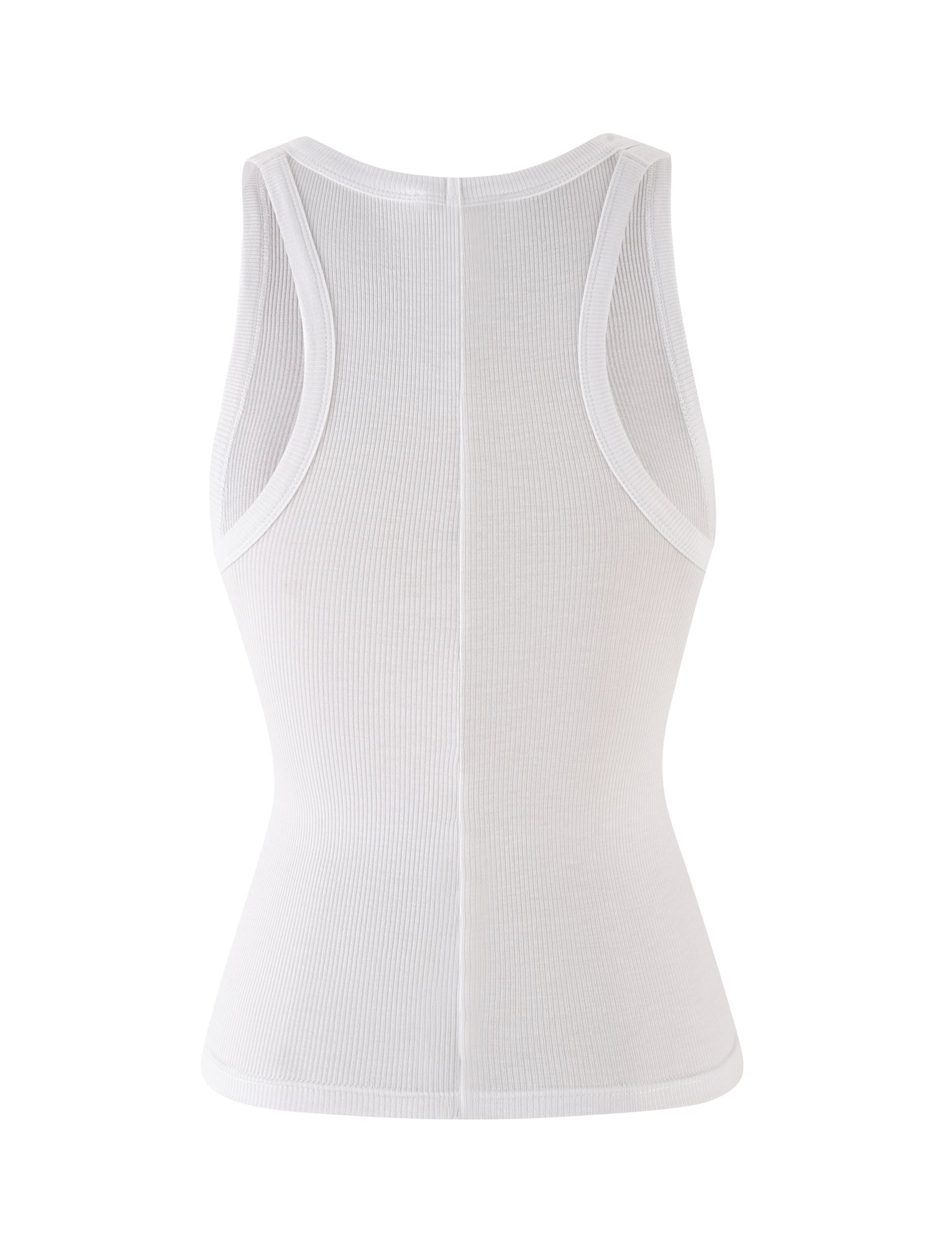 Back view of the TIGERMIST RAFAELLA TANK in white, a racerback design with ribbed fabric for a fitted shape, shown against a plain white background.