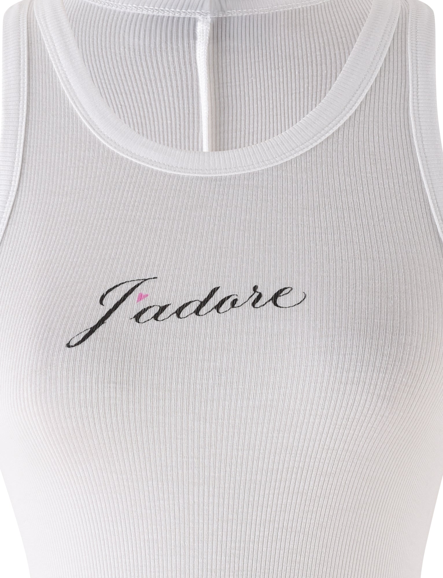 A close-up of the TIGERMIST RAFAELLA TANK in white, a ribbed racerback top displayed on a mannequin, featuring “J’adore” embroidered in black cursive on the chest.