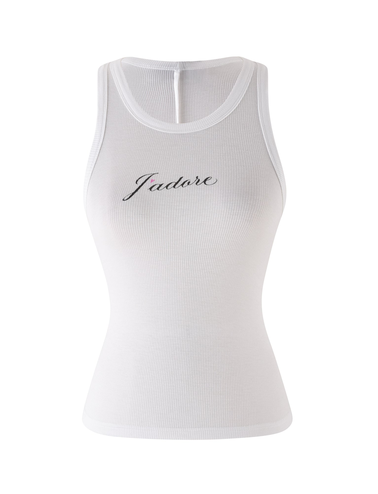 The TIGERMIST RAFAELLA TANK in white features a high neckline, racerback style, and a bold black J’Adore script at the front center, shown against a plain white background.