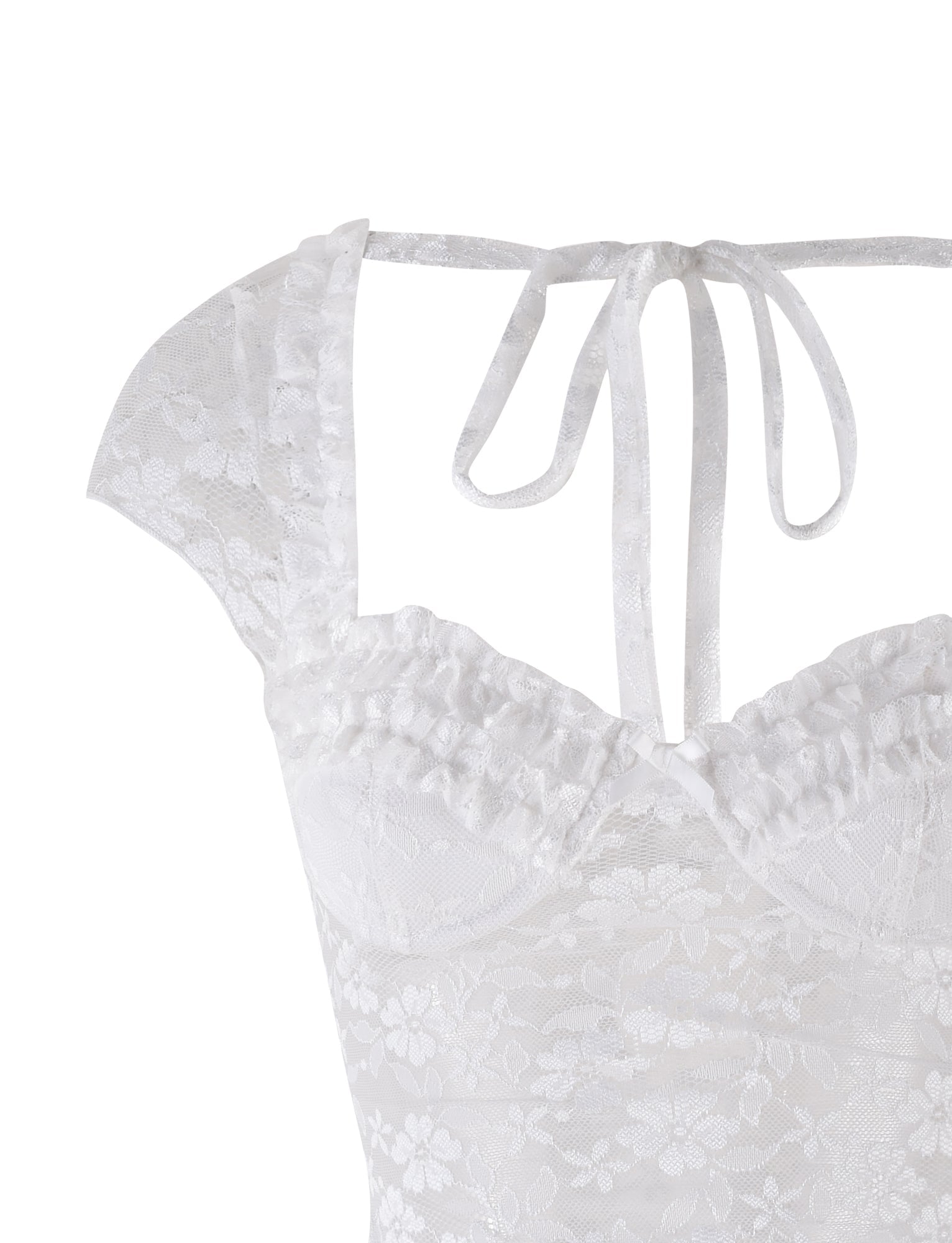 Close-up of the NYRA TOP in white by TIGERMIST, showcasing ruffled cap sleeves, a sweetheart neckline, floral lace pattern, bustier-style bodice, and a tie-back neck detail.