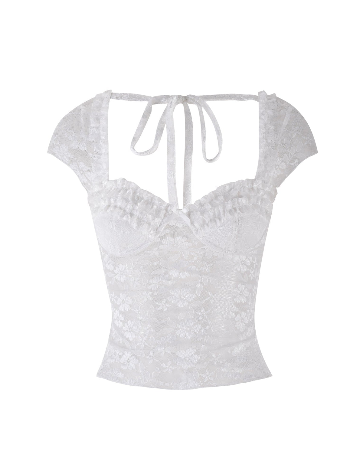 The NYRA TOP - WHITE by TIGERMIST features cap sleeves, ruffled neckline trim, a fitted bodice with tie-back straps, and an all-over floral lace pattern for a delicate, feminine look.