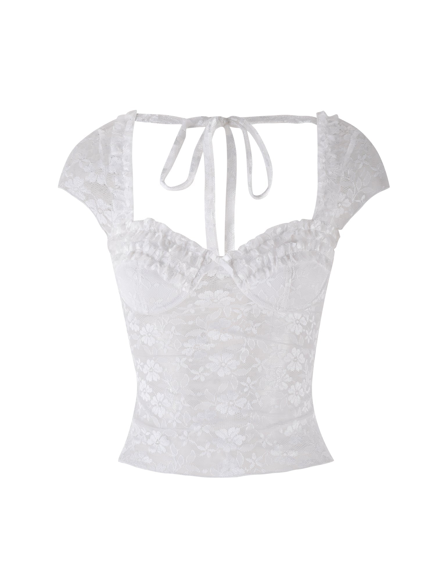 The NYRA TOP - WHITE by TIGERMIST features cap sleeves, ruffled neckline trim, a fitted bodice with tie-back straps, and an all-over floral lace pattern for a delicate, feminine look.