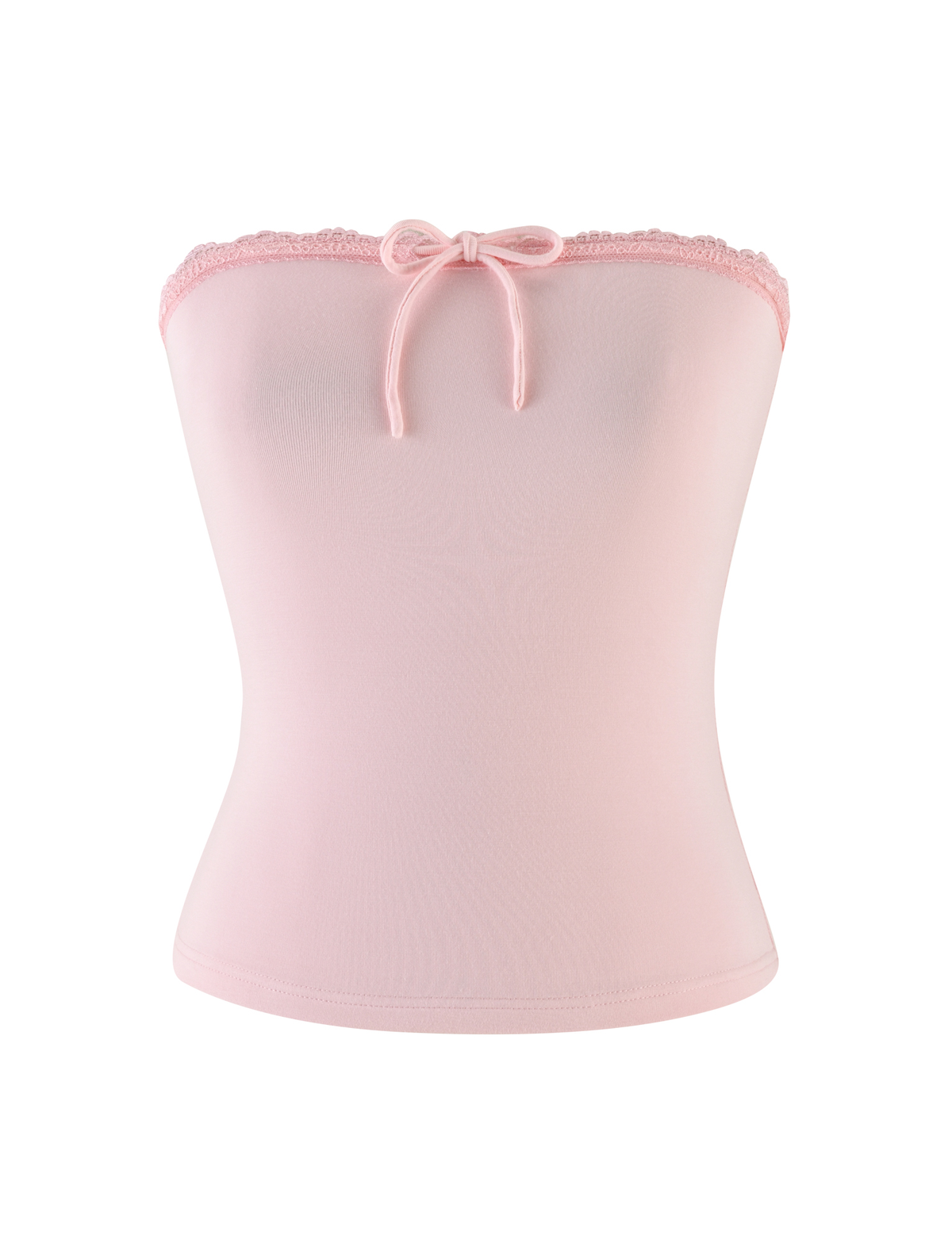 The TIGERMIST MIRELLE TOP in pastel pink is a strapless tube top with lace trim and a small front bow, shown against a white background.