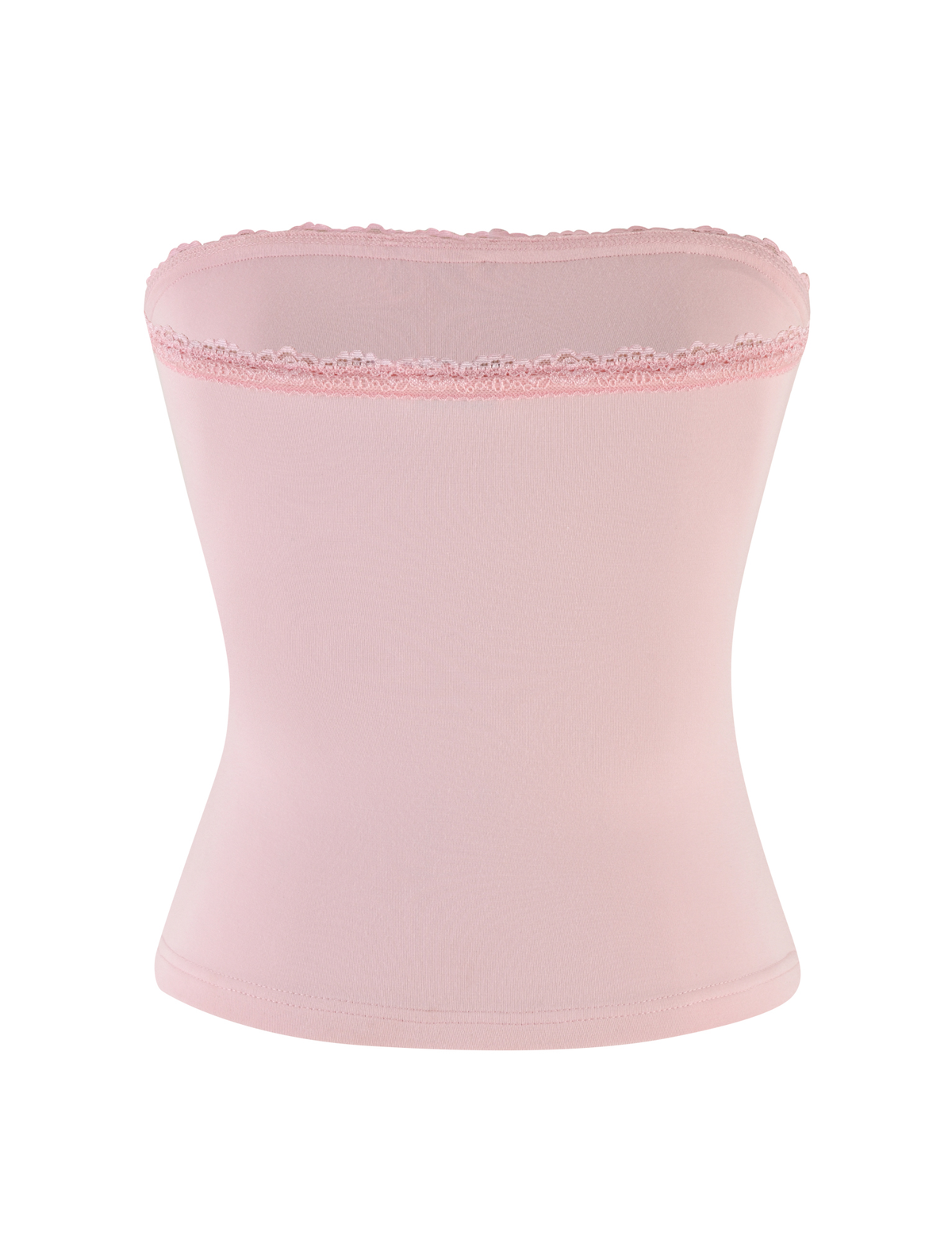 The TIGERMIST MIRELLE TOP in pastel pink features a strapless bandeau design with lace trim along the upper edge, shown against a white background.