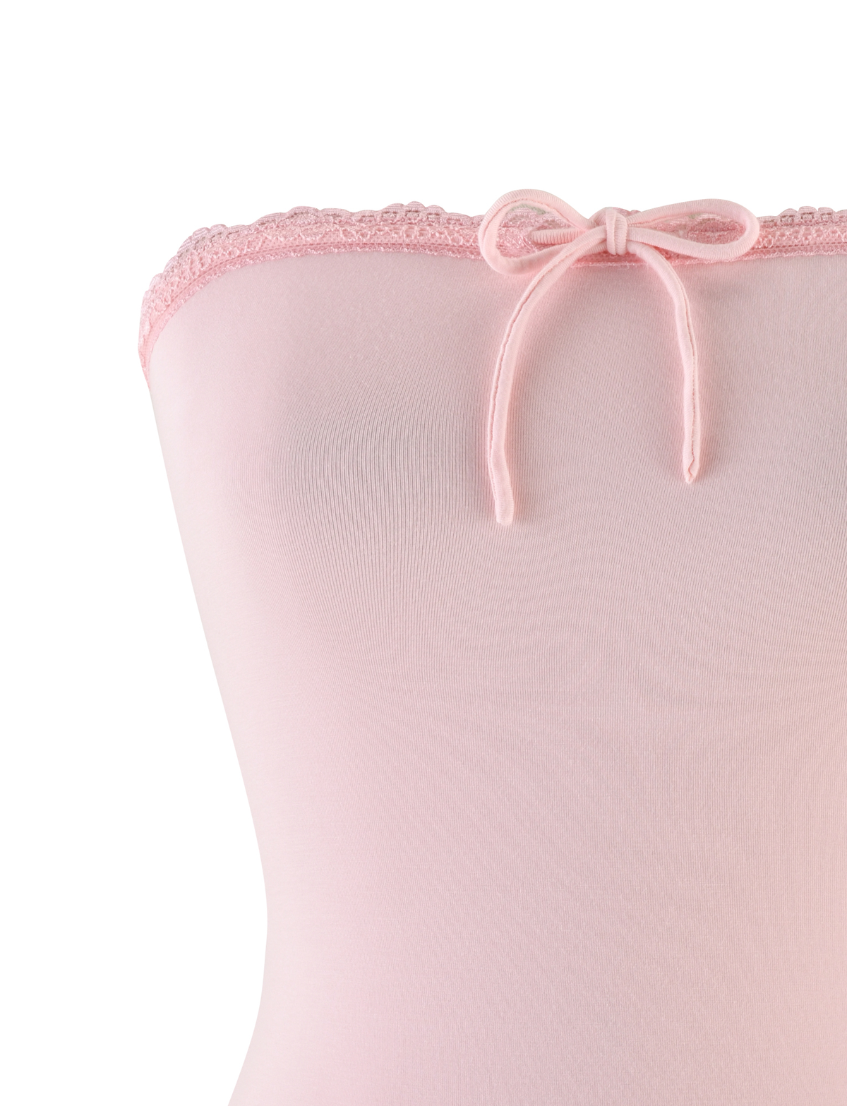 Close-up of the TIGERMIST MIRELLE TOP in pastel pink—a strapless, smooth, fitted piece with lace trim along the top and a small center bow. Shown against a white background.
