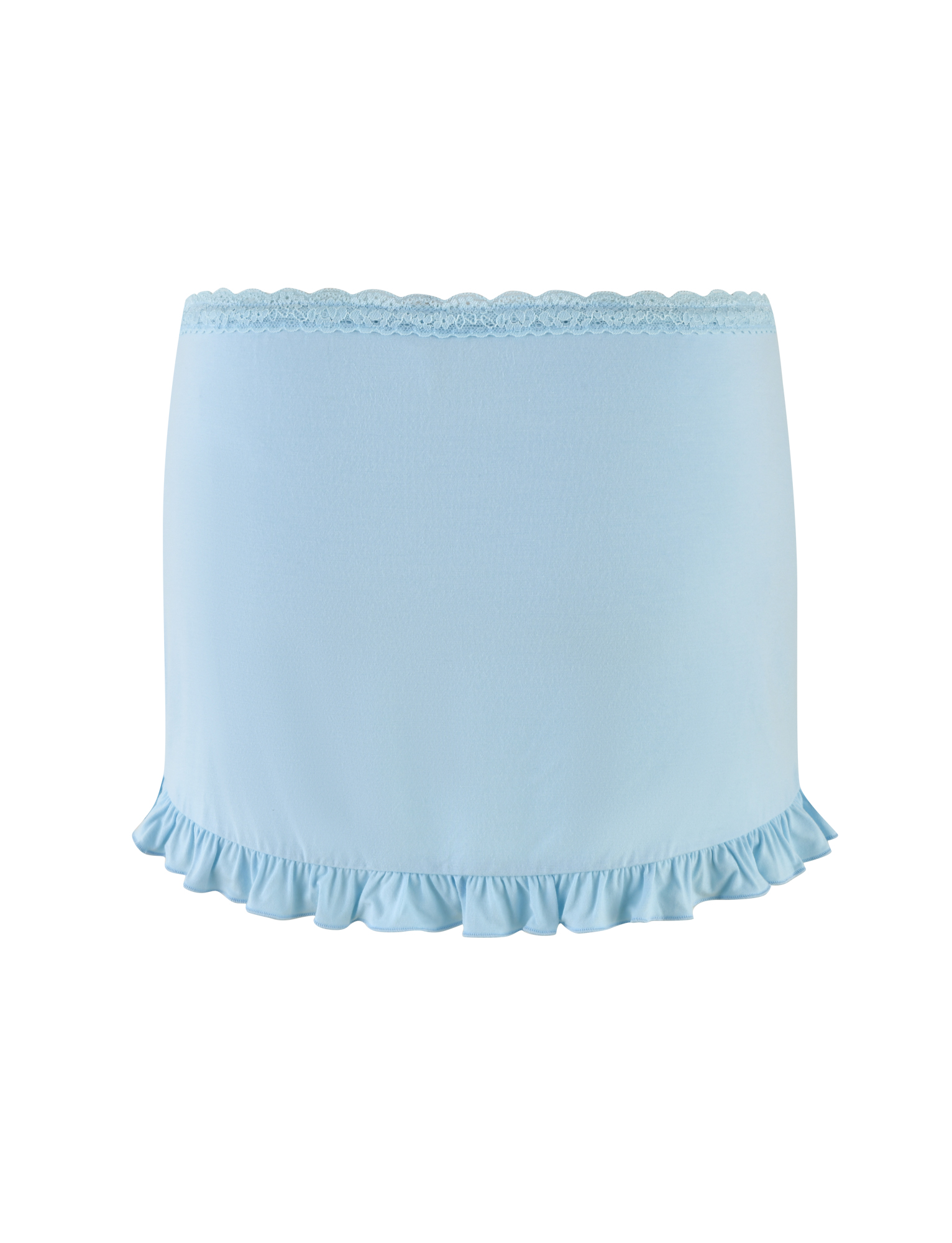 The TIGERMIST MELLIE SKORT - BLUE in baby blue features tonal lace trim and a ruffled hem, shown against a white background.