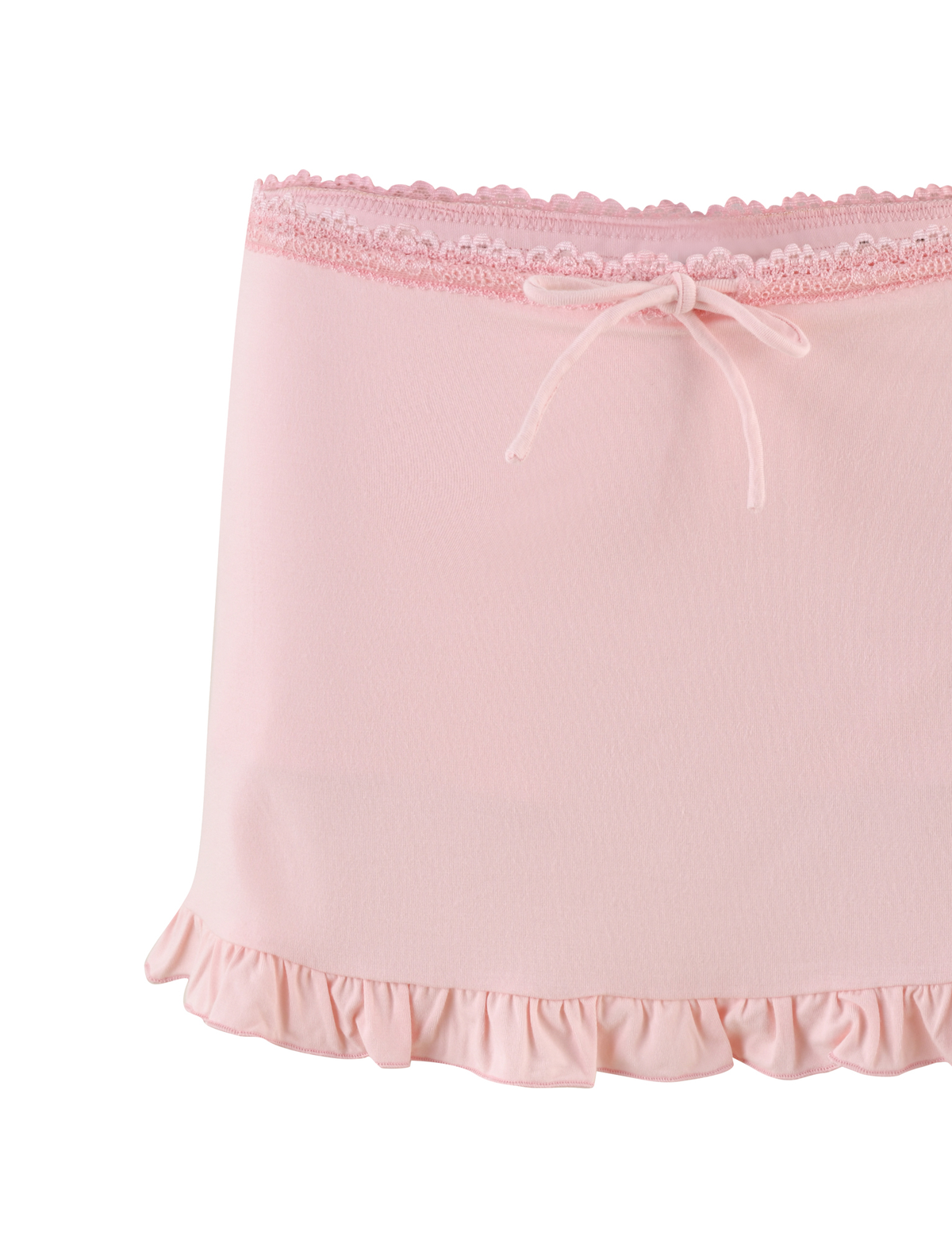 The TIGERMIST MIRELLE SKORT in pastel pink features a light pink shade, lace-trimmed waistband, front bow detail, and ruffled hem.