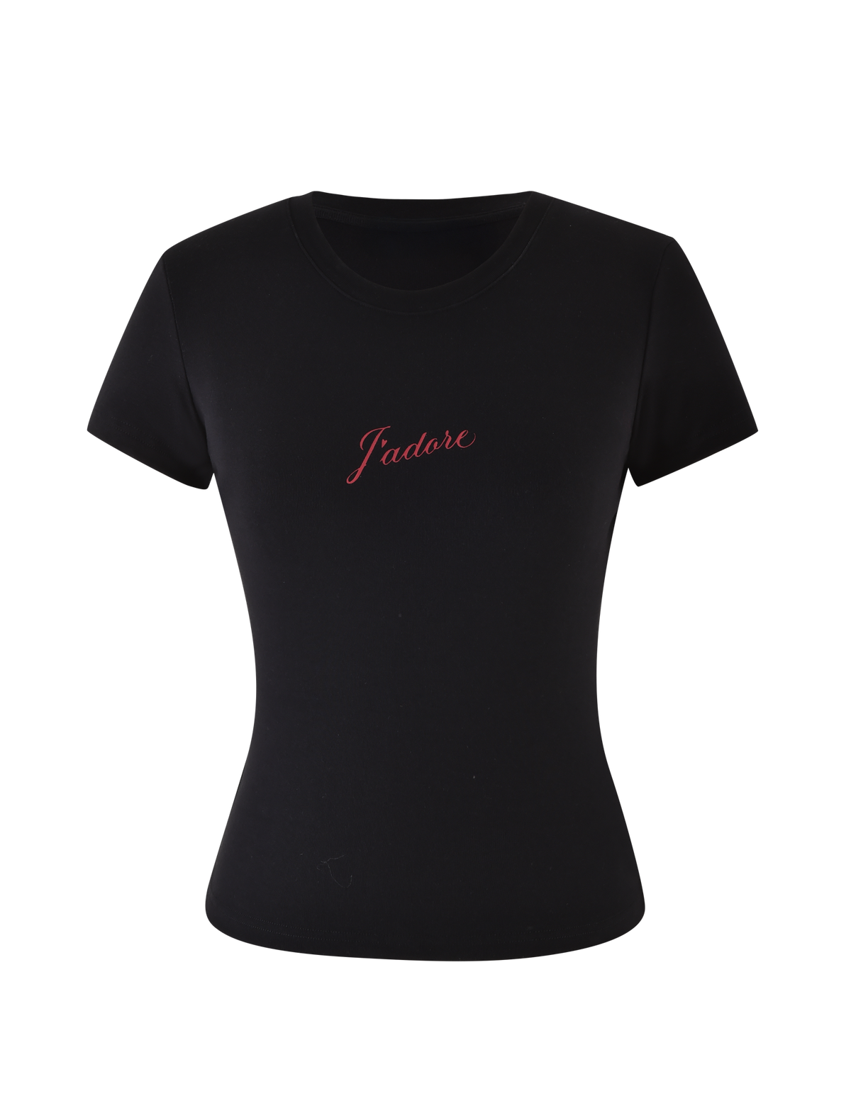 The TIGERMIST SAPHIRA TEE - BLACK is a fitted tee with a front center J'Adore graphic in red cursive, made from high-stretch fabric for comfort.