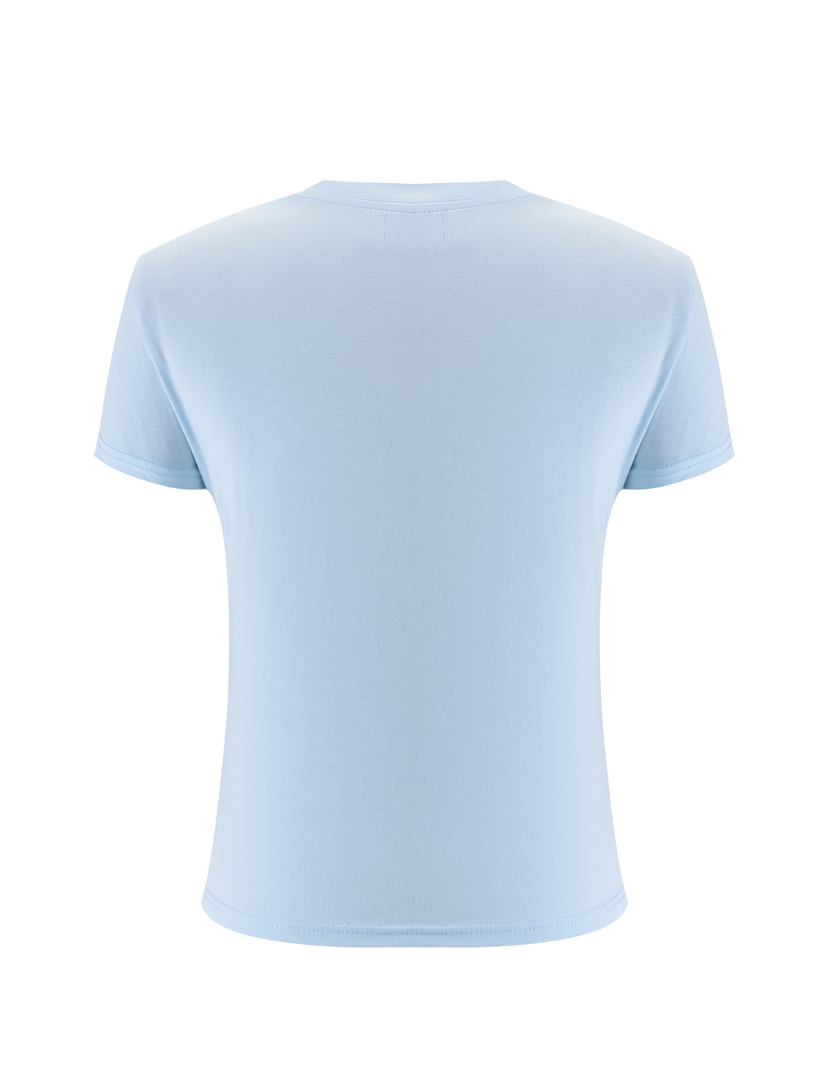 The SAPHIRA TEE by TIGERMIST is displayed from the back against a white background, featuring a plain design in light blue stretchy fabric.