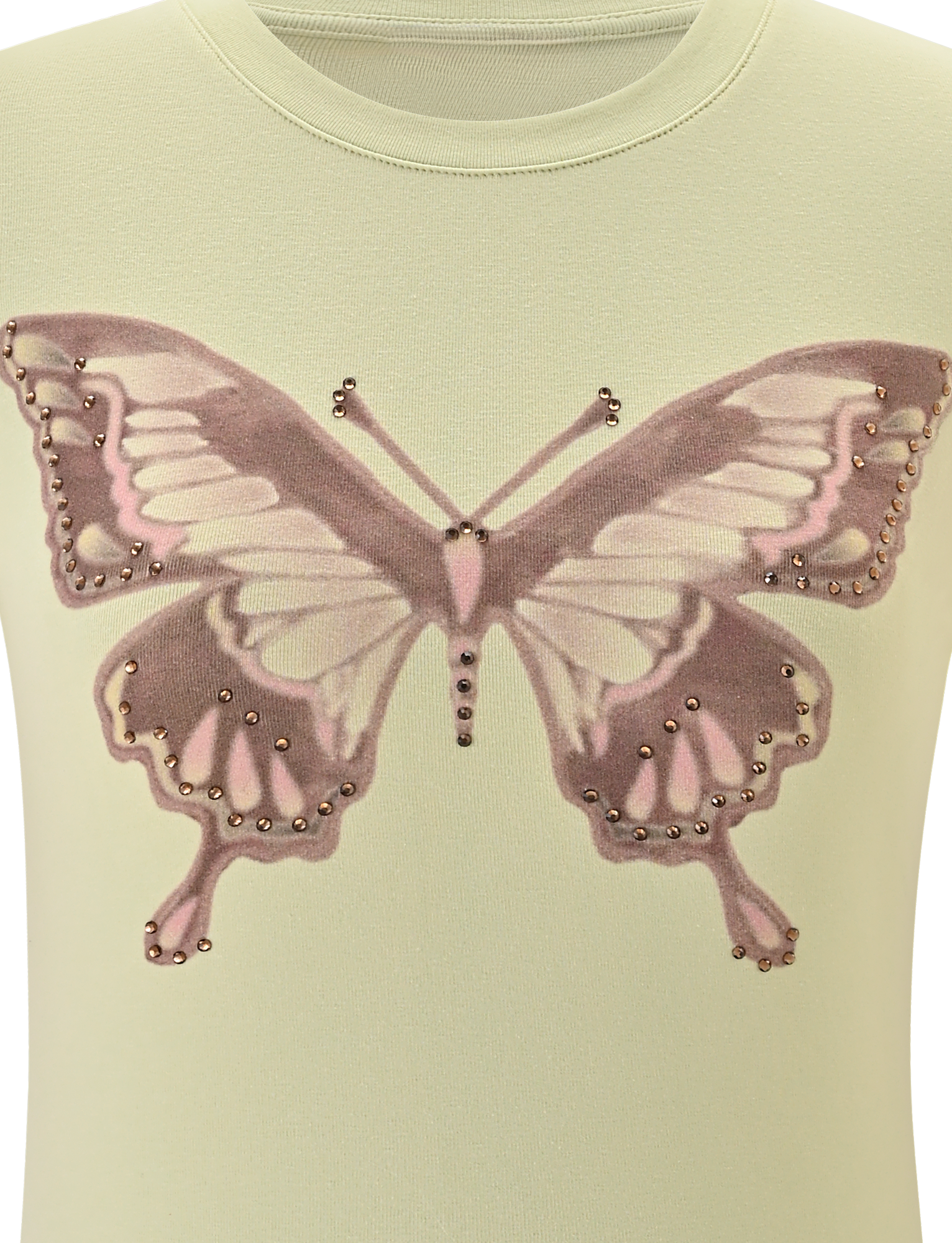 The SAPHIRA TEE - BUTTERSCOTCH by TIGERMIST is a yellow cotton tee with a large pink and purple butterfly graphic on the front, accented by metallic studs outlining the wings for a dazzling diamante effect.