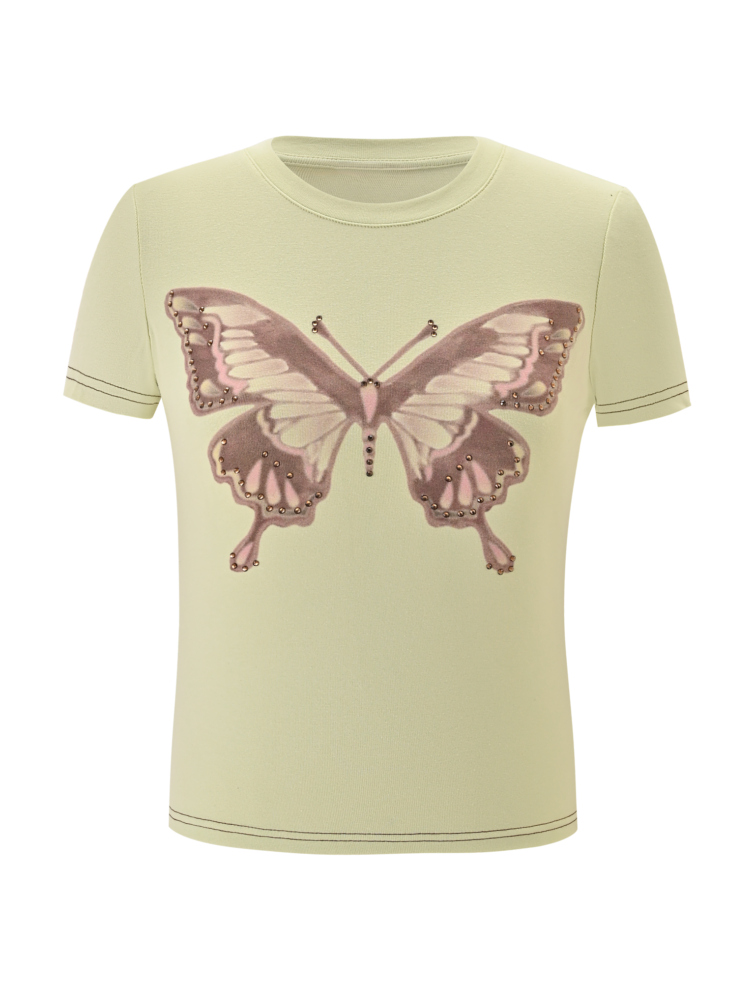 The SAPHIRA TEE - BUTTERSCOTCH by TIGERMIST is a yellow cotton short-sleeve top featuring a large, detailed pink and brown butterfly graphic centered on the chest.