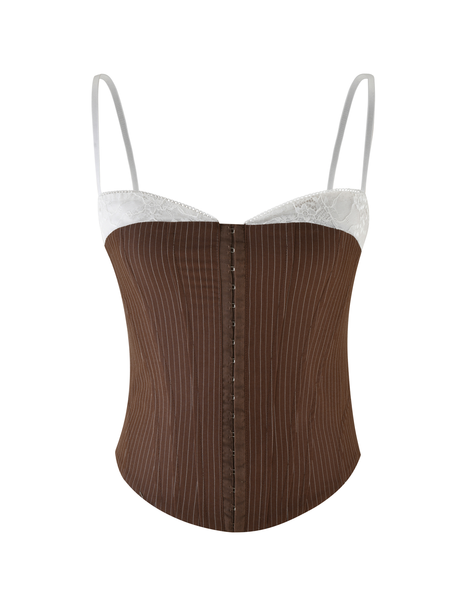 The TIGERMIST ANTONELLA CORSET 2.0 in chocolate pinstripe features thin adjustable white straps and white lace trim, crafted from quality suiting fabric and displayed against a plain white background.