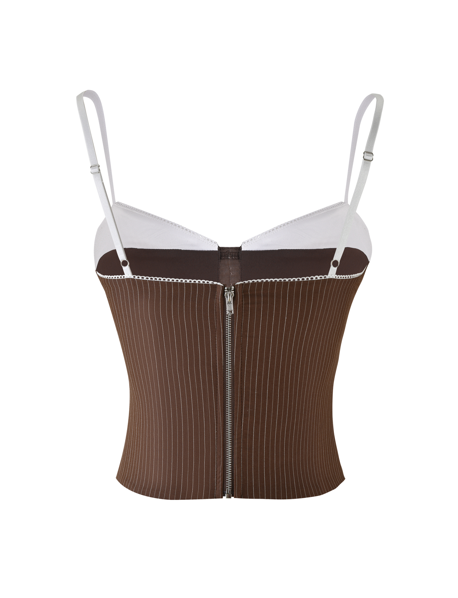 The TIGERMIST ANTONELLA CORSET 2.0 in chocolate pinstripe features high-quality suiting fabric, white adjustable straps, a front zipper closure, and contrast white stitching on the top edge. Shown on a plain white background.