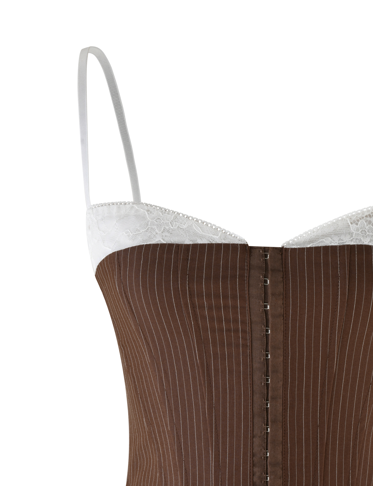 The ANTONELLA CORSET 2.0 by TIGERMIST features a chocolate brown pinstripe suiting fabric, white lace trim, thin adjustable straps, and front hook-and-eye closures.
