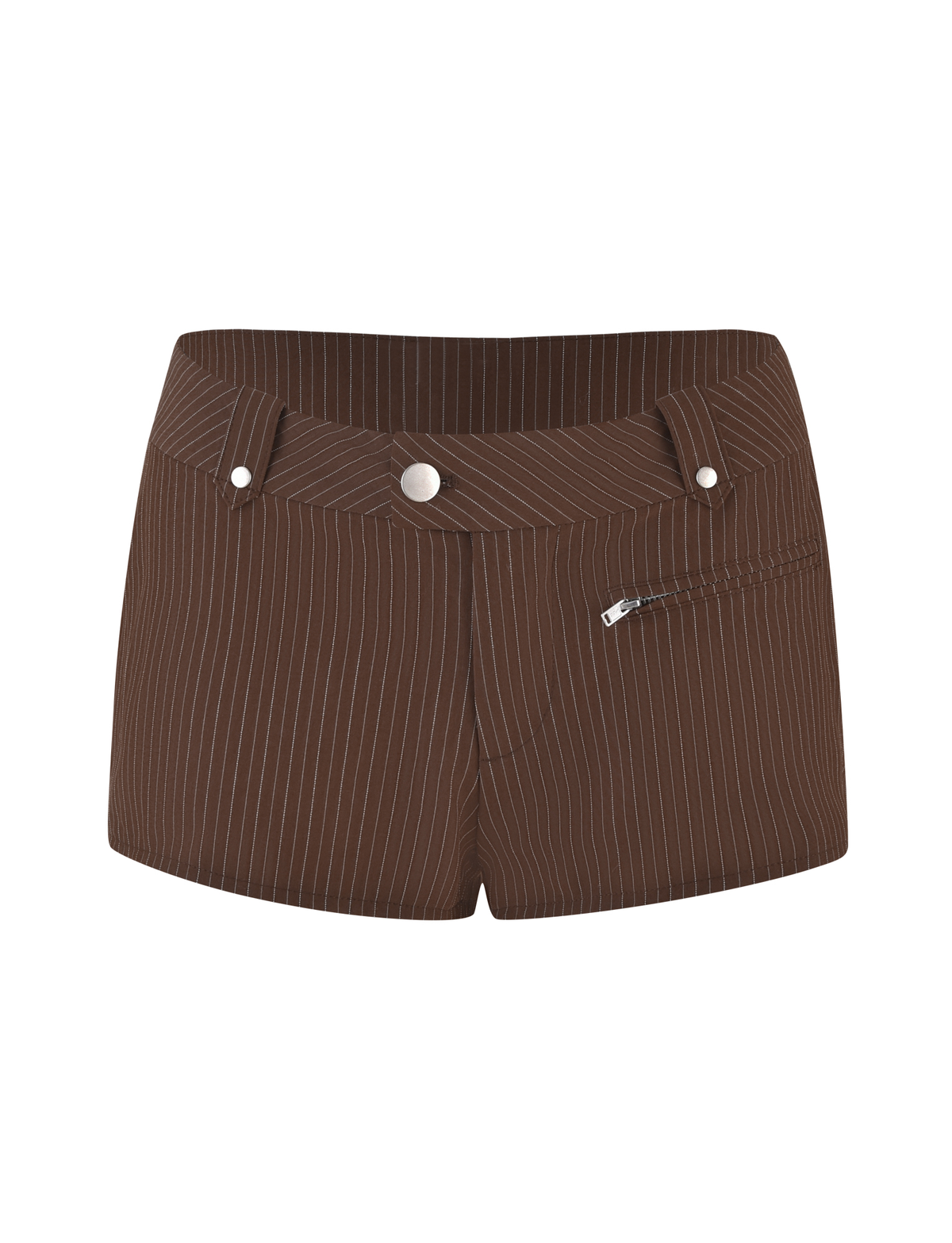 The TIGERMIST ANTONELLA SHORT in chocolate pinstripe features a tailored, low-rise micro fit with belt loops, button and zipper closure, and a right-side diagonal zip pocket—adding sleek sophistication to any look.
