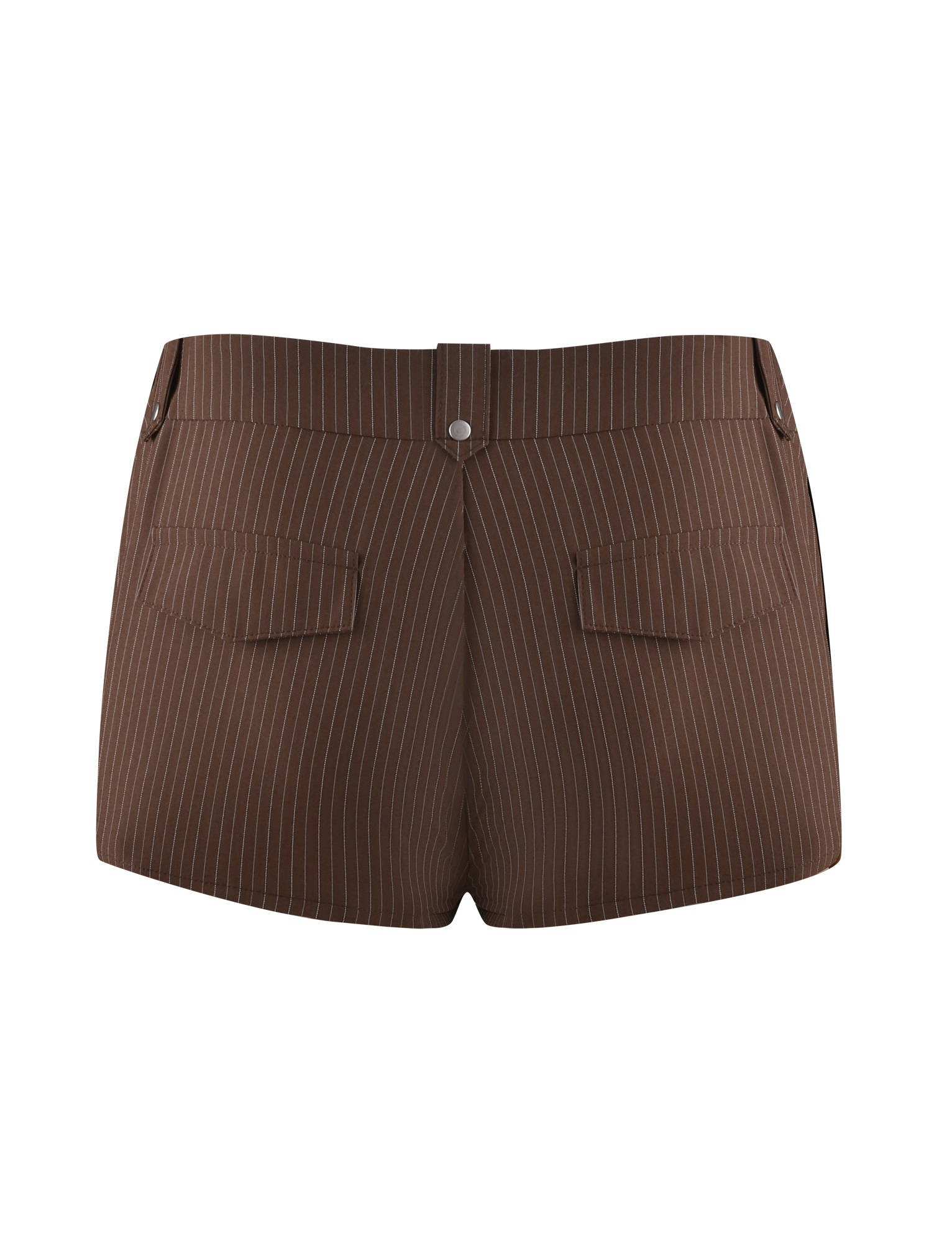 Back view of the TIGERMIST ANTONELLA SHORT in chocolate pinstripe, featuring belt loops, two buttoned pockets, and a single button waistband closure, shown on a white background for a tailored fit.